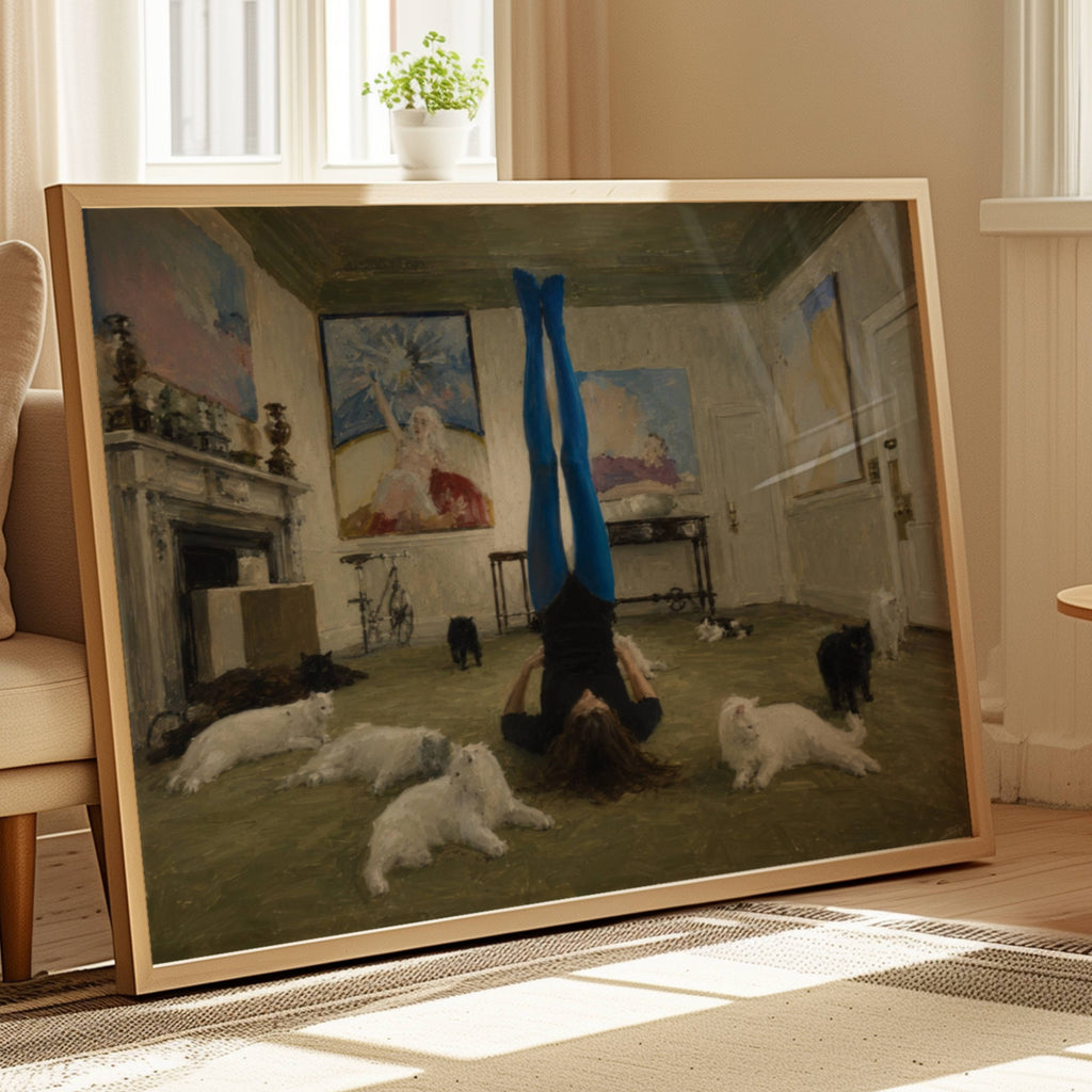 Touch Grass is a hand painted contemporary figurative wall art print of a girl upside down in a yoga position surrounded by cats, inspired by contemporary figurative painting, cinematic images, the melancholy beauty of old films, bringing storytelling, atmosphere and fashion. large textured canva oil painting wall art print