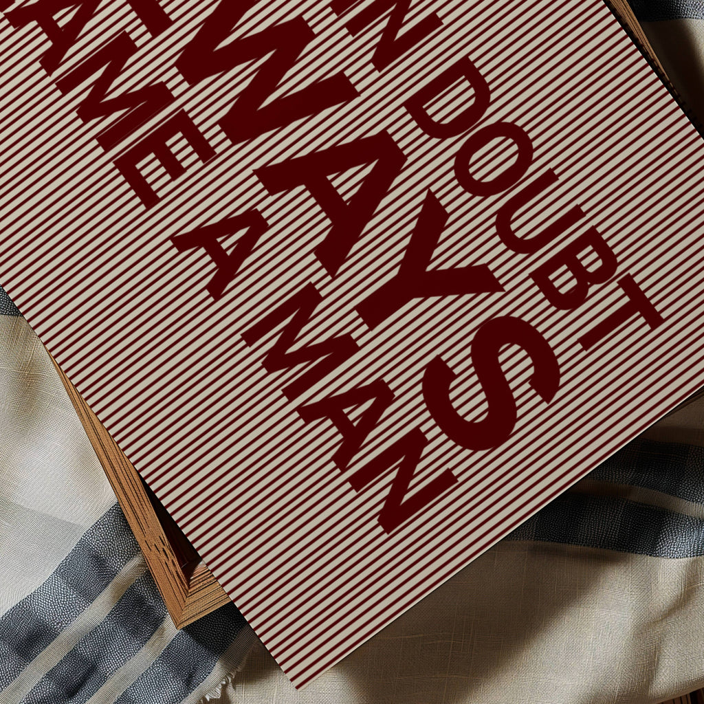 hand drawn Playful Funny typography print with the phrase "WHEN IN DOUBT ALWAYS BLAME A MAN" in a retro striped burgundy ruby canva. This is a trendy funny typography wall art print ideal for above bed, bedrooms, dorm room decor, living rooms and kitchens, gallery walls and playful interiors. The perfect Cool Girl Apartment decor