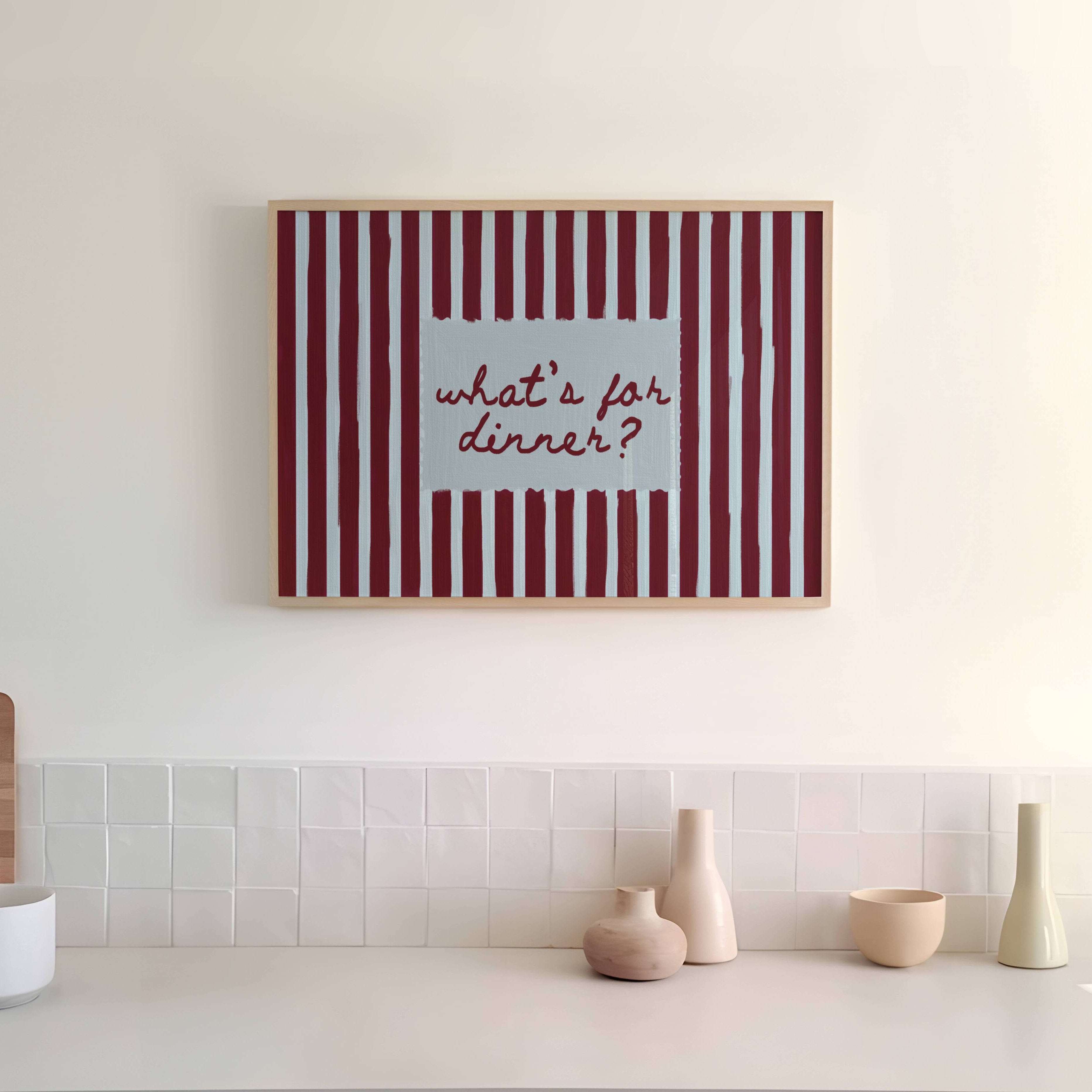 Playful Kitchen Funny Typography wall art with Handwritten quote "What's for dinner?" on a retro striped background in blue and ruby tones. This is a hand drawn Oil Painting kitchen art Print decor.
