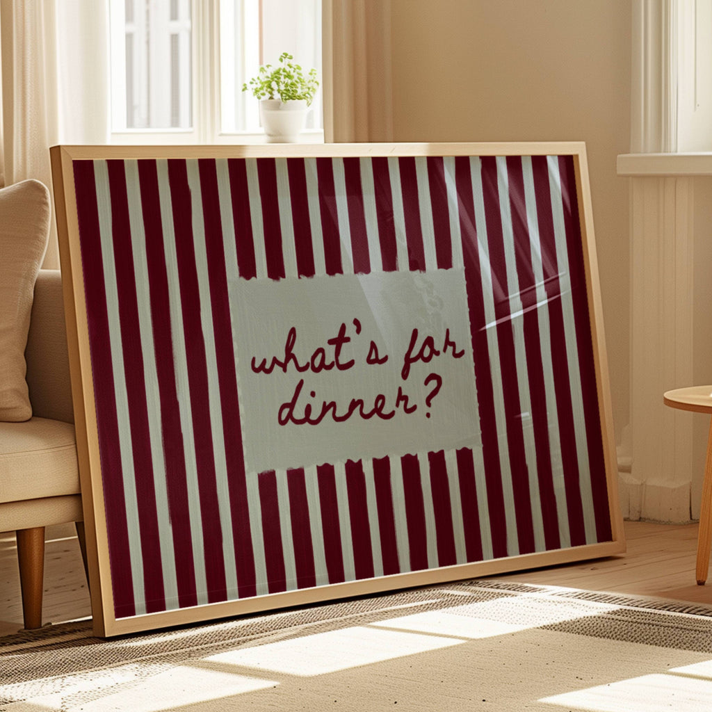 Playful Kitchen Funny Typography wall art with Handwritten quote "What's for dinner?" on a retro striped background in blue and ruby tones. This is a hand drawn Oil Painting kitchen art Print decor.