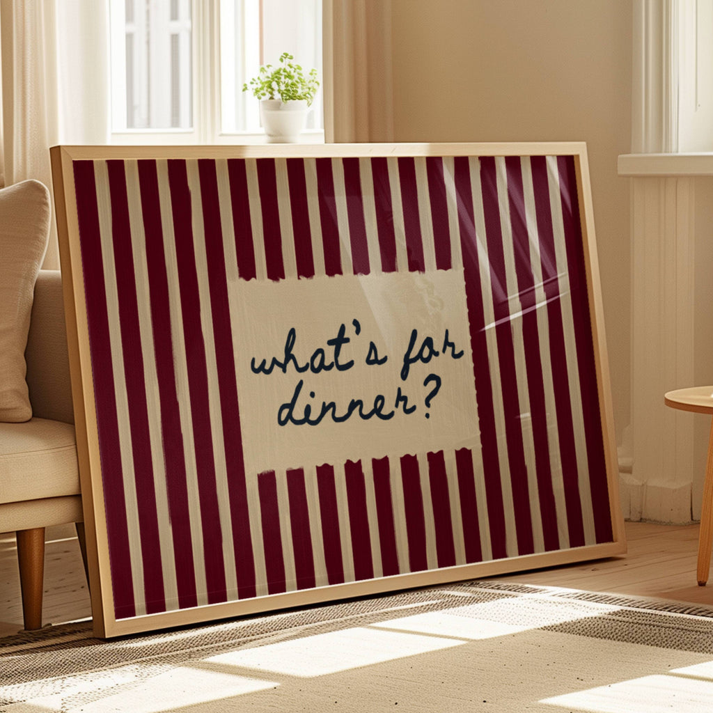 Playful Kitchen Funny Typography wall art with Handwritten quote "What's for dinner?" on a retro striped background in  burgundy and off white tones. This is a hand drawn Oil Painting kitchen art Print decor.