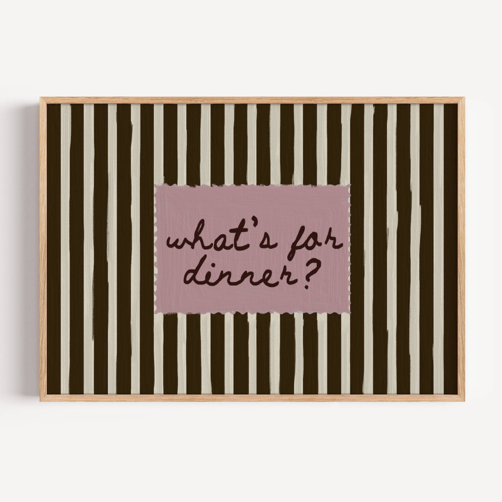 Playful Kitchen Funny Typography wall art with Handwritten quote "What's for dinner?" on a retro striped background in earthy khaki and off white tones. This is a hand drawn Oil Painting kitchen art Print decor.
