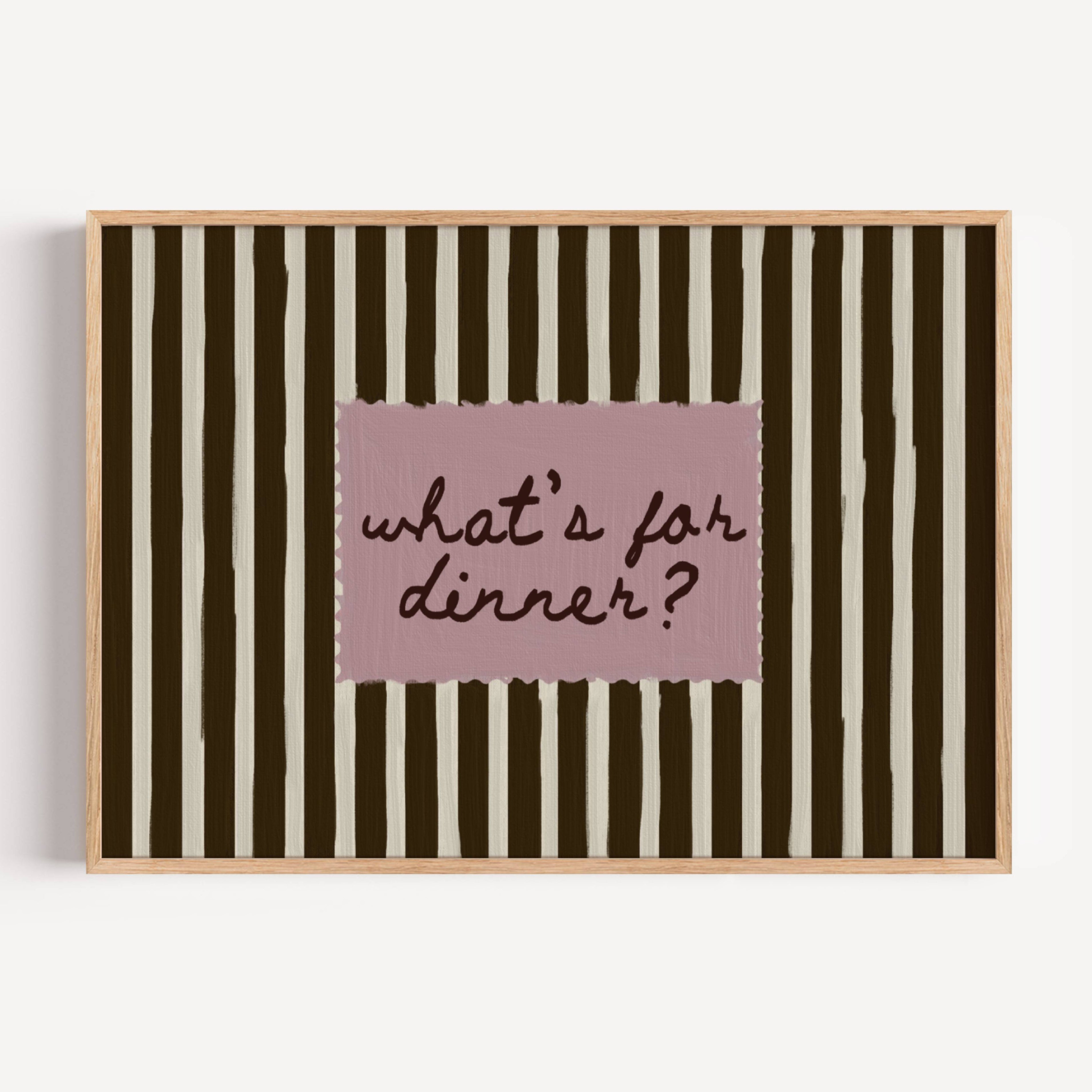 Playful Kitchen Funny Typography wall art with Handwritten quote "What's for dinner?" on a retro striped background in earthy khaki and off white tones. This is a hand drawn Oil Painting kitchen art Print decor.