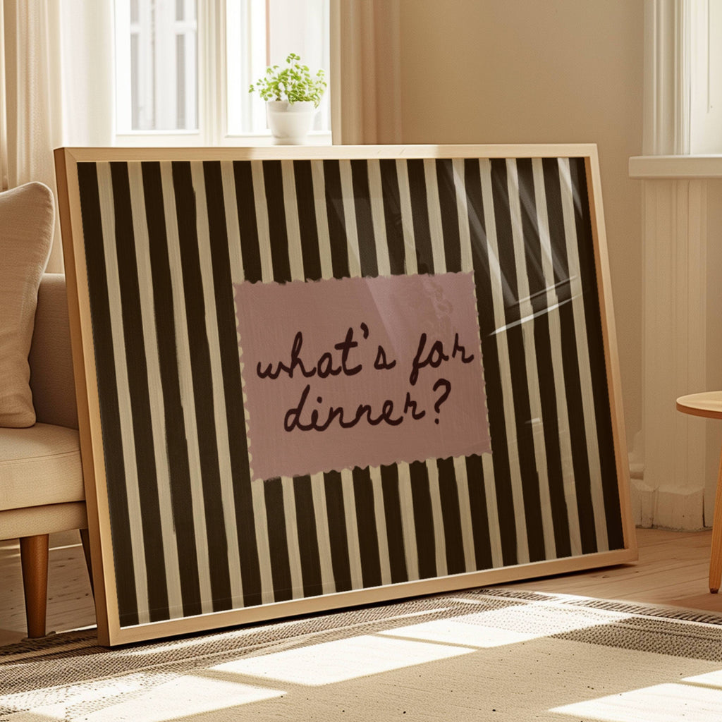 Playful Kitchen Funny Typography wall art with Handwritten quote "What's for dinner?" on a retro striped background in earthy khaki and off white tones. This is a hand drawn Oil Painting kitchen art Print decor.