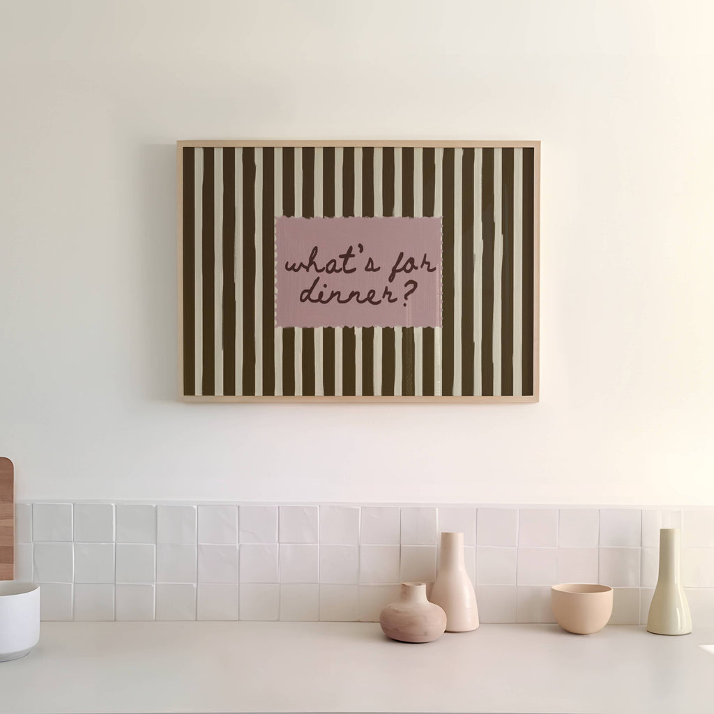 Playful Kitchen Funny Typography wall art with Handwritten quote "What's for dinner?" on a retro striped background in earthy khaki and off white tones. This is a hand drawn Oil Painting kitchen art Print decor.