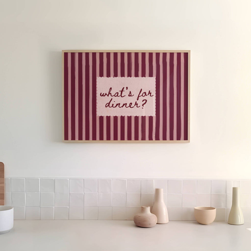 Playful Kitchen Funny Typography wall art with Handwritten quote "What's for dinner?" on a retro striped background in pink and ruby  tones. This is a hand drawn Oil Painting kitchen art Print decor.