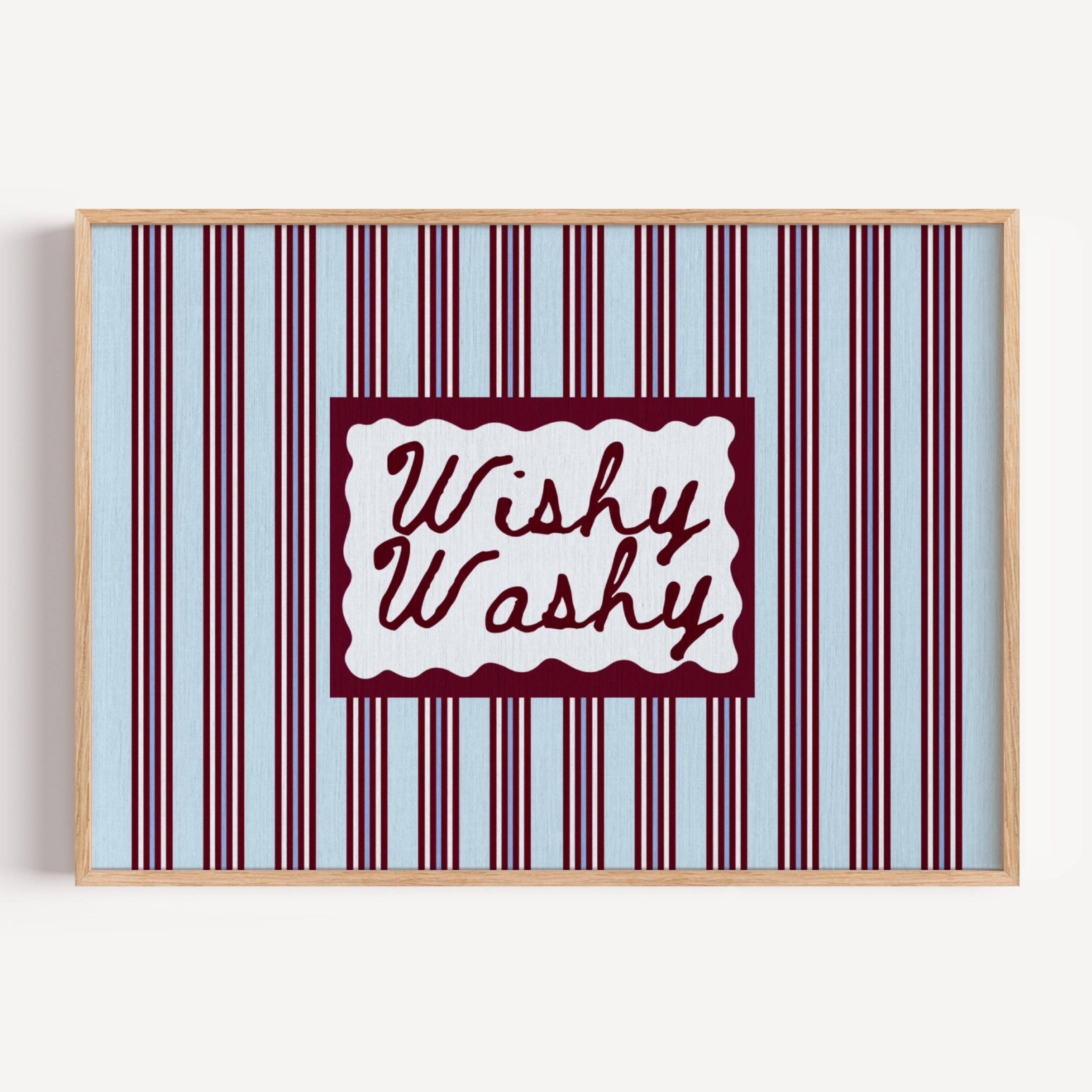 Wishy Washy is a whimsical Retro typography art print designed to bring humour, colour and personality into your bathroom and laundry room. Featuring vintage-inspired striped patterns and hand-lettered typography, this artwork captures the nostalgic charm of classic bath-time phrases while adding a playful decorative touch to modern interiors. this is a hand drawn Retro quote wall art featuring, ideal for bathrooms, laundry room decor, and cheeky playful interiors. available in 4 different colors: butter ye
