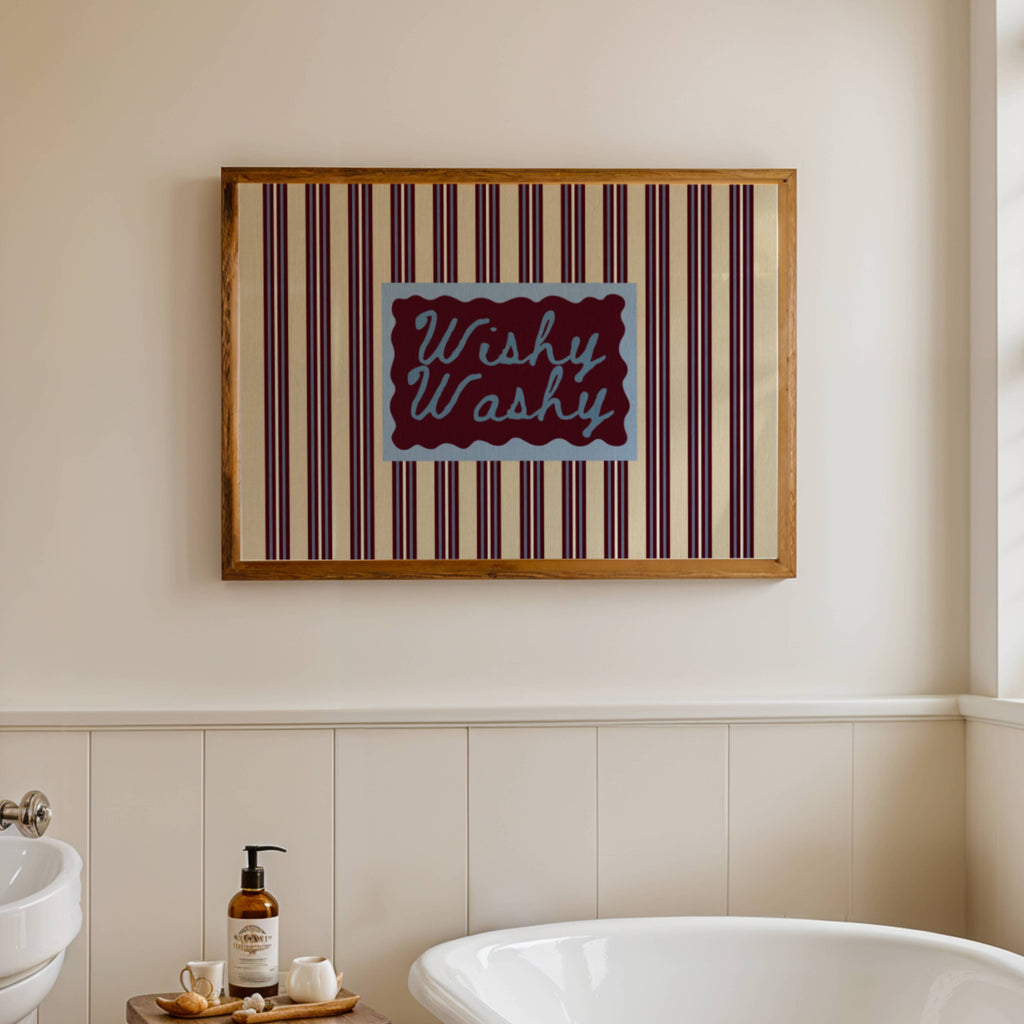 Wishy Washy is a whimsical Retro typography art print designed to bring humour, colour and personality into your bathroom and laundry room. Featuring vintage-inspired striped patterns and hand-lettered typography, this artwork captures the nostalgic charm of classic bath-time phrases while adding a playful decorative touch to modern interiors. this is a hand drawn Retro quote wall art featuring, ideal for bathrooms, laundry room decor, and cheeky playful interiors. available in 4 different colors: butter ye