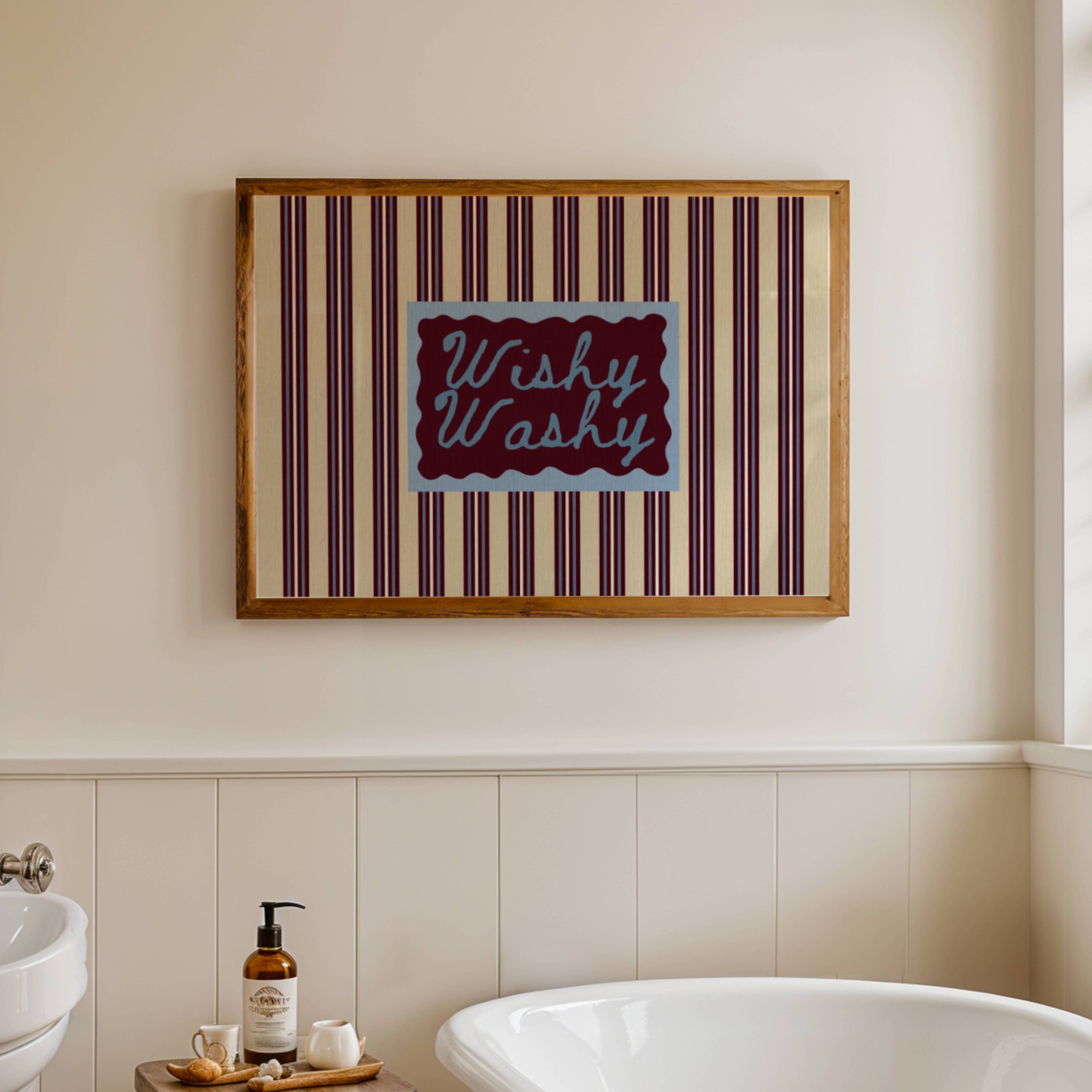 Wishy Washy is a whimsical Retro typography art print designed to bring humour, colour and personality into your bathroom and laundry room. Featuring vintage-inspired striped patterns and hand-lettered typography, this artwork captures the nostalgic charm of classic bath-time phrases while adding a playful decorative touch to modern interiors. this is a hand drawn Retro quote wall art featuring, ideal for bathrooms, laundry room decor, and cheeky playful interiors. available in 4 different colors: butter ye