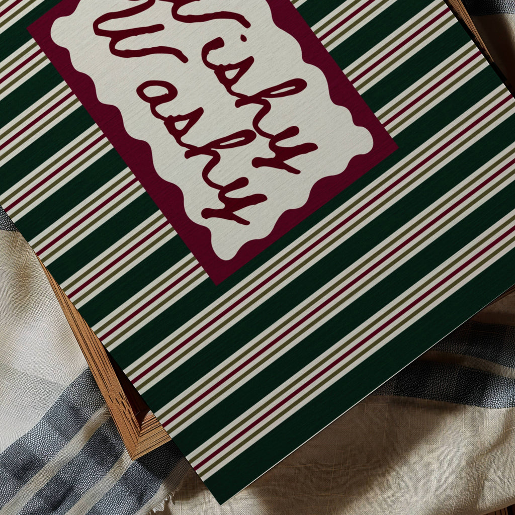 Wishy Washy is a whimsical Retro typography art print designed to bring humour, colour and personality into your bathroom and laundry room. Featuring vintage-inspired striped patterns and hand-lettered typography, this artwork captures the nostalgic charm of classic bath-time phrases while adding a playful decorative touch to modern interiors. this is a hand drawn Retro quote wall art featuring, ideal for bathrooms, laundry room decor, and cheeky playful interiors. green burgundy