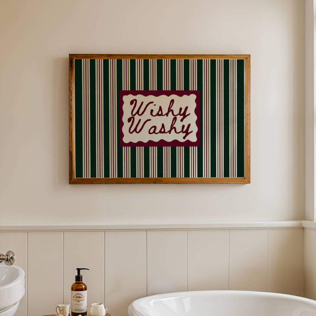 Wishy Washy is a whimsical Retro typography art print designed to bring humour, colour and personality into your bathroom and laundry room. Featuring vintage-inspired striped patterns and hand-lettered typography, this artwork captures the nostalgic charm of classic bath-time phrases while adding a playful decorative touch to modern interiors. this is a hand drawn Retro quote wall art featuring, ideal for bathrooms, laundry room decor, and cheeky playful interiors. available in 4 different colors: butter ye