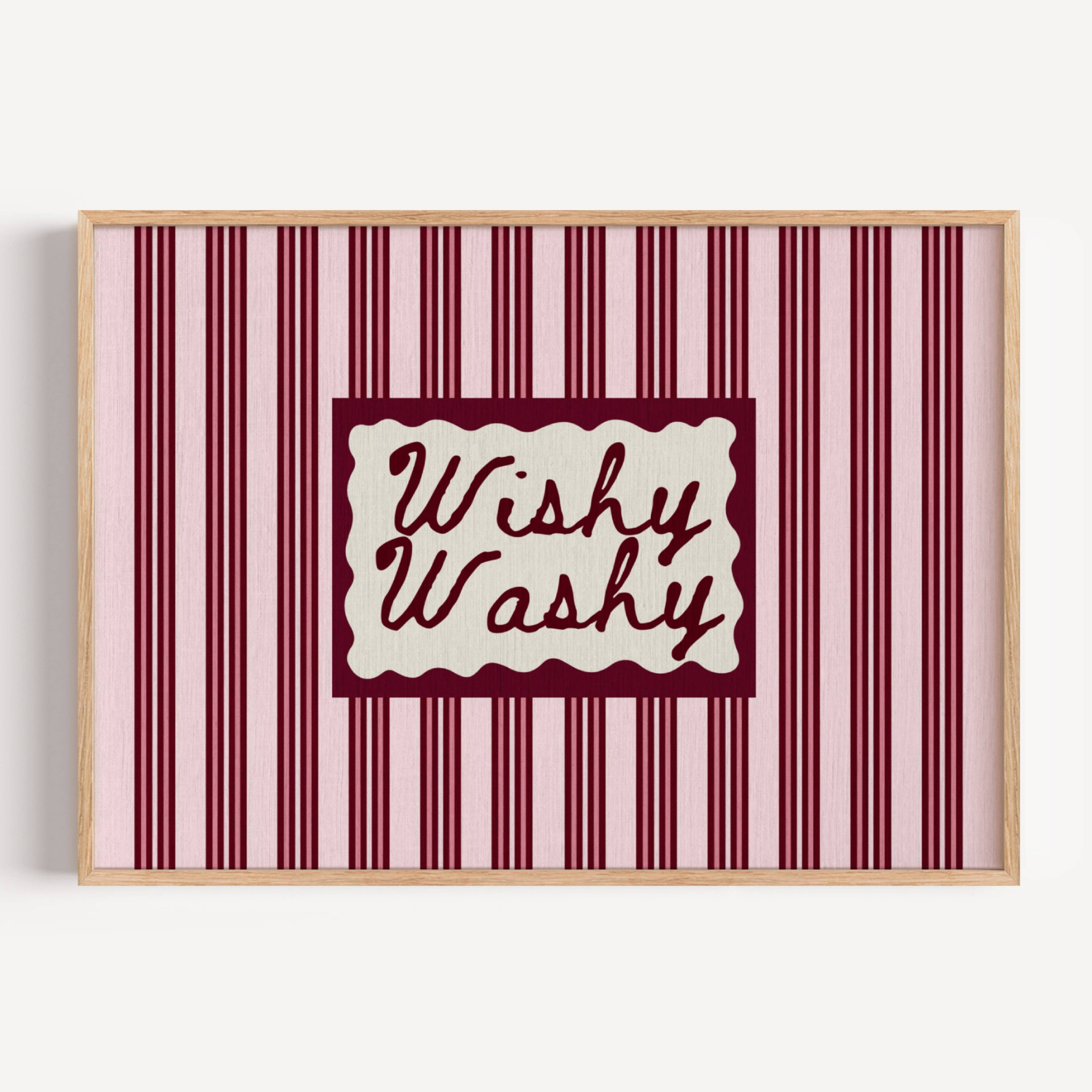 Wishy Washy is a whimsical Retro typography art print designed to bring humour, colour and personality into your bathroom and laundry room. Featuring vintage-inspired striped patterns and hand-lettered typography, this artwork captures the nostalgic charm of classic bath-time phrases while adding a playful decorative touch to modern interiors. this is a hand drawn Retro quote wall art featuring, ideal for bathrooms, laundry room decor, and cheeky playful interiors. available in 4 different colors: butter ye
