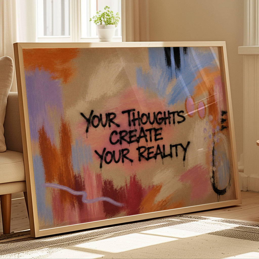 hand drawn Trendy typography abstract print with the motivational quote "YOUR THOUGHTS CREATE YOUR REALITY" in a textured abstract painted canva with brush strokes. This is a trendy minimal typography wall art print ideal for above bed, bedrooms, dorm room decor, living rooms and kitchens, gallery walls and playful interiors. The perfect Cool Girl Apartment decor