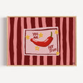 Playful Hand drawn Kitchen Funny Typography wall art with a hot red chilli peper illustration and the phrase "You are Hot Stuff" on a retro striped background in pink and ruby tones. This is a hand drawn Oil Painting kitchen and bar cart art Print decor for playful kitchens, dining spaces and eclectic interiors.