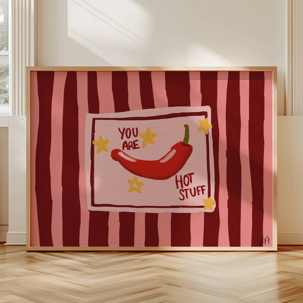 Playful Hand drawn Kitchen Funny Typography wall art with a hot red chilli peper illustration and the phrase "You are Hot Stuff" on a retro striped background in pink and ruby tones. This is a hand drawn Oil Painting kitchen and bar cart art Print decor for playful kitchens, dining spaces and eclectic interiors.