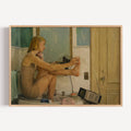 You used to be a genius is a hand painted contemporary figurative wall art print of a woman Margot Tenenbaum, in the bathroom painting her nails, inspired by contemporary figurative painting, cinematic images, the melancholy beauty of old films in a Wes Anderson aesthetic, bringing storytelling, atmosphere. large textured canva oil painting wall art print