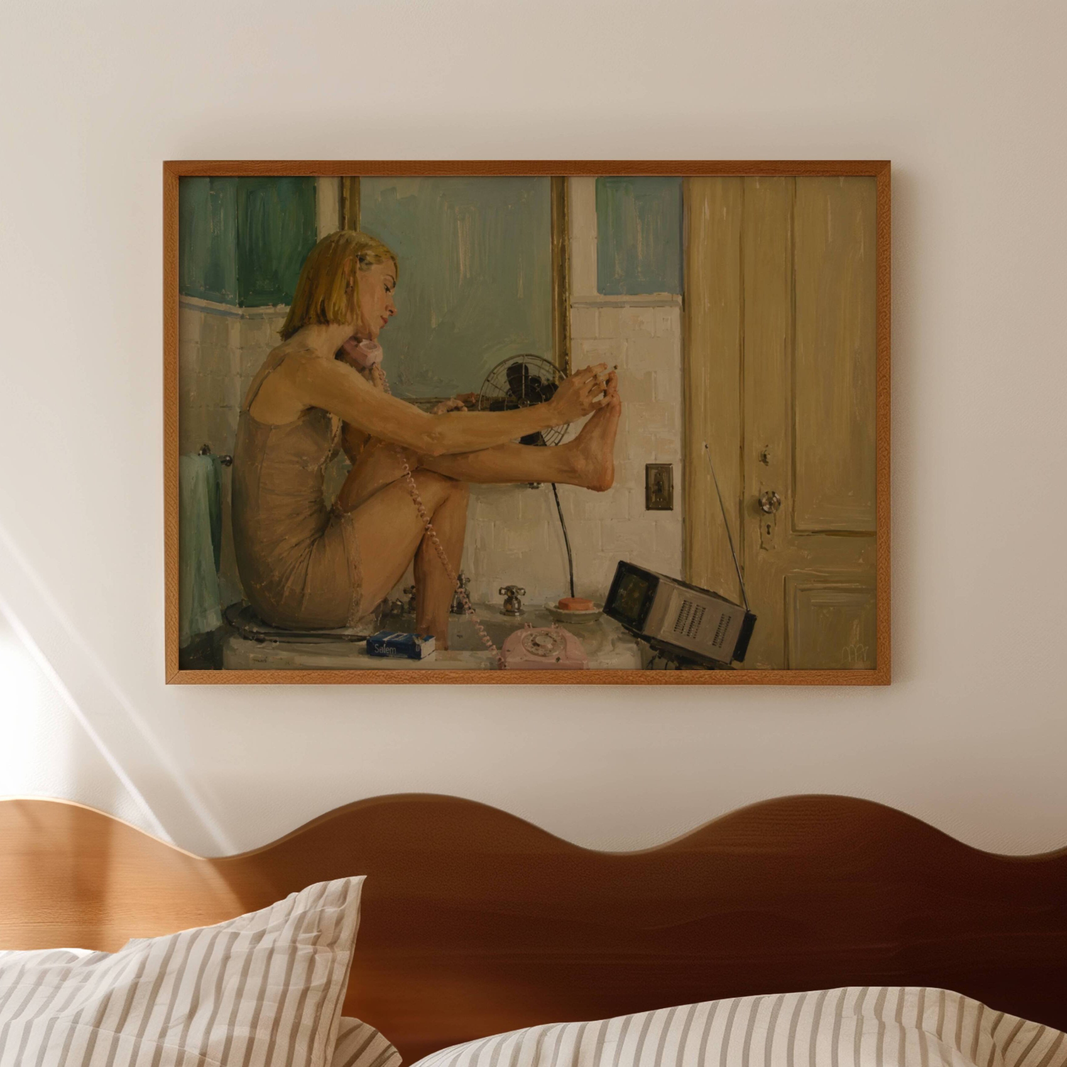 You used to be a genius is a hand painted contemporary figurative wall art print of a woman Margot Tenenbaum, in the bathroom painting her nails, inspired by contemporary figurative painting, cinematic images, the melancholy beauty of old films in a Wes Anderson aesthetic, bringing storytelling, atmosphere. large textured canva oil painting wall art print