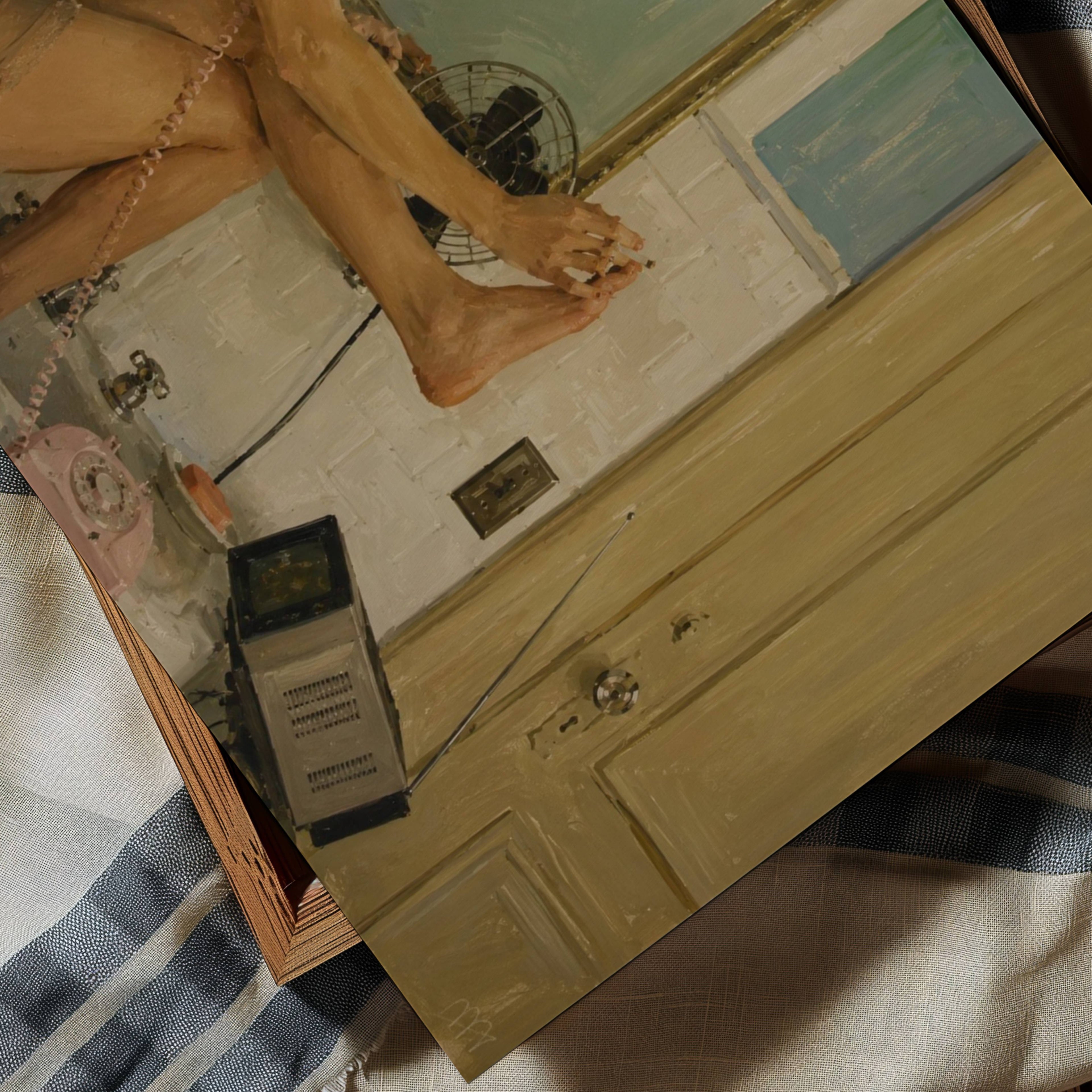You used to be a genius is a hand painted contemporary figurative wall art print of a woman Margot Tenenbaum, in the bathroom painting her nails, inspired by contemporary figurative painting, cinematic images, the melancholy beauty of old films in a Wes Anderson aesthetic, bringing storytelling, atmosphere. large textured canva oil painting wall art print
