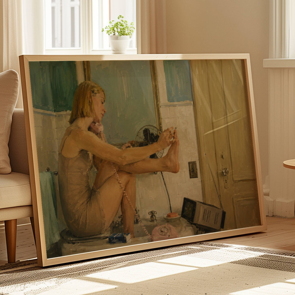 You used to be a genius is a hand painted contemporary figurative wall art print of a woman Margot Tenenbaum, in the bathroom painting her nails, inspired by contemporary figurative painting, cinematic images, the melancholy beauty of old films in a Wes Anderson aesthetic, bringing storytelling, atmosphere. large textured canva oil painting wall art print