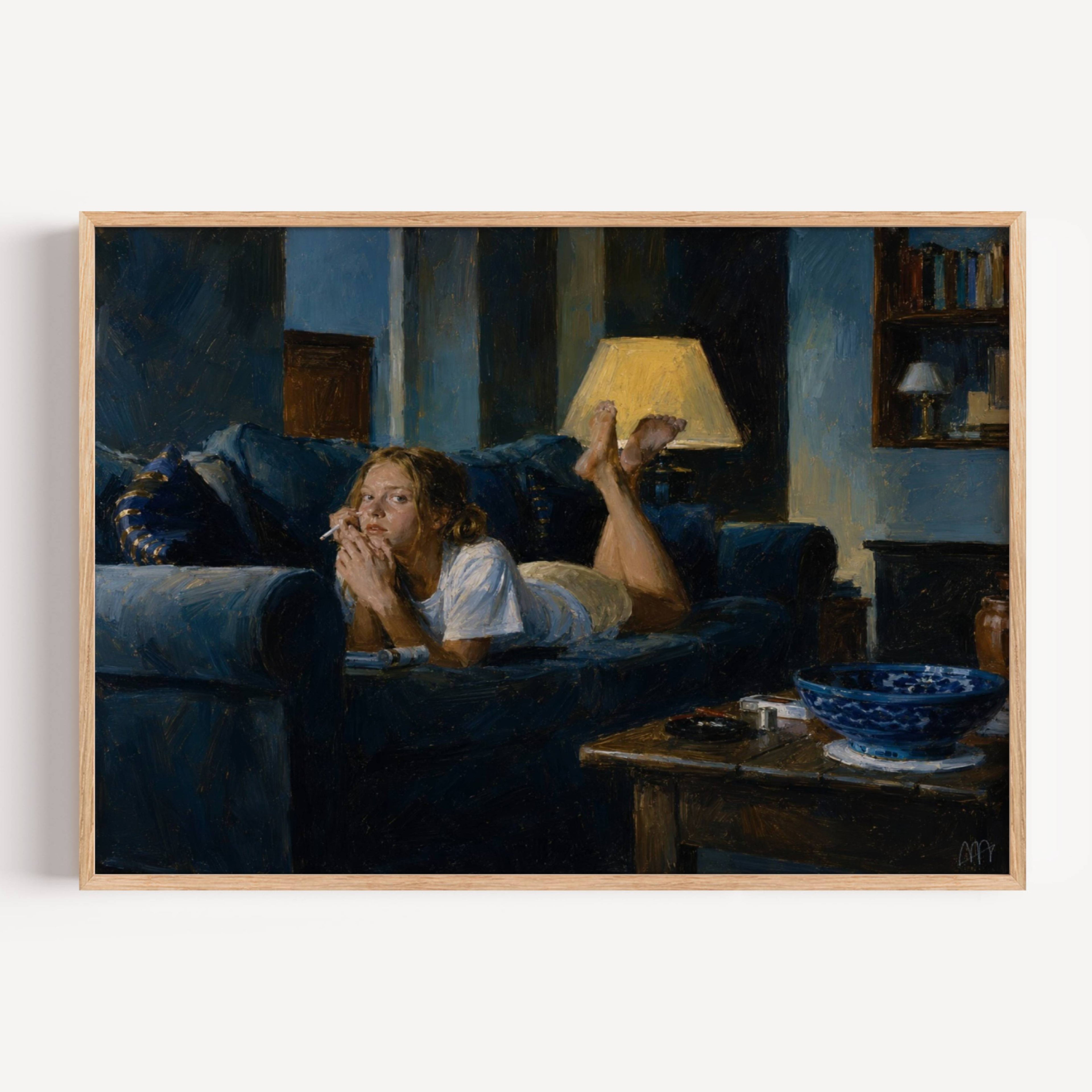 a perfectly good excuse is a hand painted retro nostalgic contemporary figurative wall art print of a woman smoking on a blue sofa, inspired by contemporary figurative painting, cinematic images, the melancholy beauty of old films, bringing storytelling, atmosphere and fashion. large textured canva oil painting wall art print