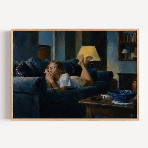 a perfectly good excuse is a hand painted retro nostalgic contemporary figurative wall art print of a woman smoking on a blue sofa, inspired by contemporary figurative painting, cinematic images, the melancholy beauty of old films, bringing storytelling, atmosphere and fashion. large textured canva oil painting wall art print