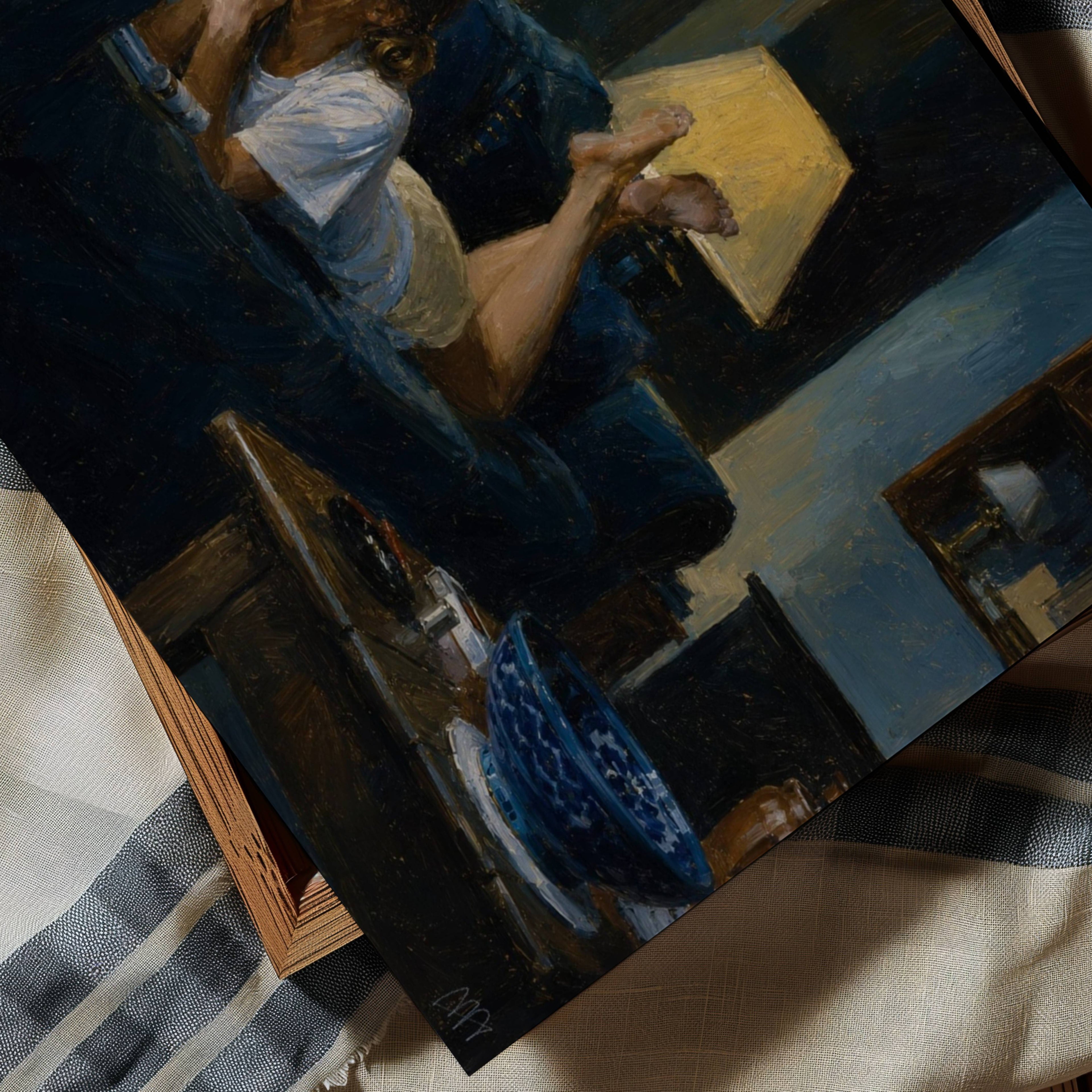 a perfectly good excuse is a hand painted retro nostalgic contemporary figurative wall art print of a woman smoking on a blue sofa, inspired by contemporary figurative painting, cinematic images, the melancholy beauty of old films, bringing storytelling, atmosphere and fashion. large textured canva oil painting wall art print