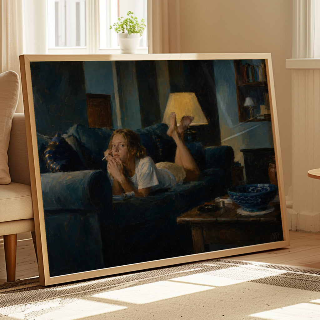 a perfectly good excuse is a hand painted retro nostalgic contemporary figurative wall art print of a woman smoking on a blue sofa, inspired by contemporary figurative painting, cinematic images, the melancholy beauty of old films, bringing storytelling, atmosphere and fashion. large textured canva oil painting wall art print
