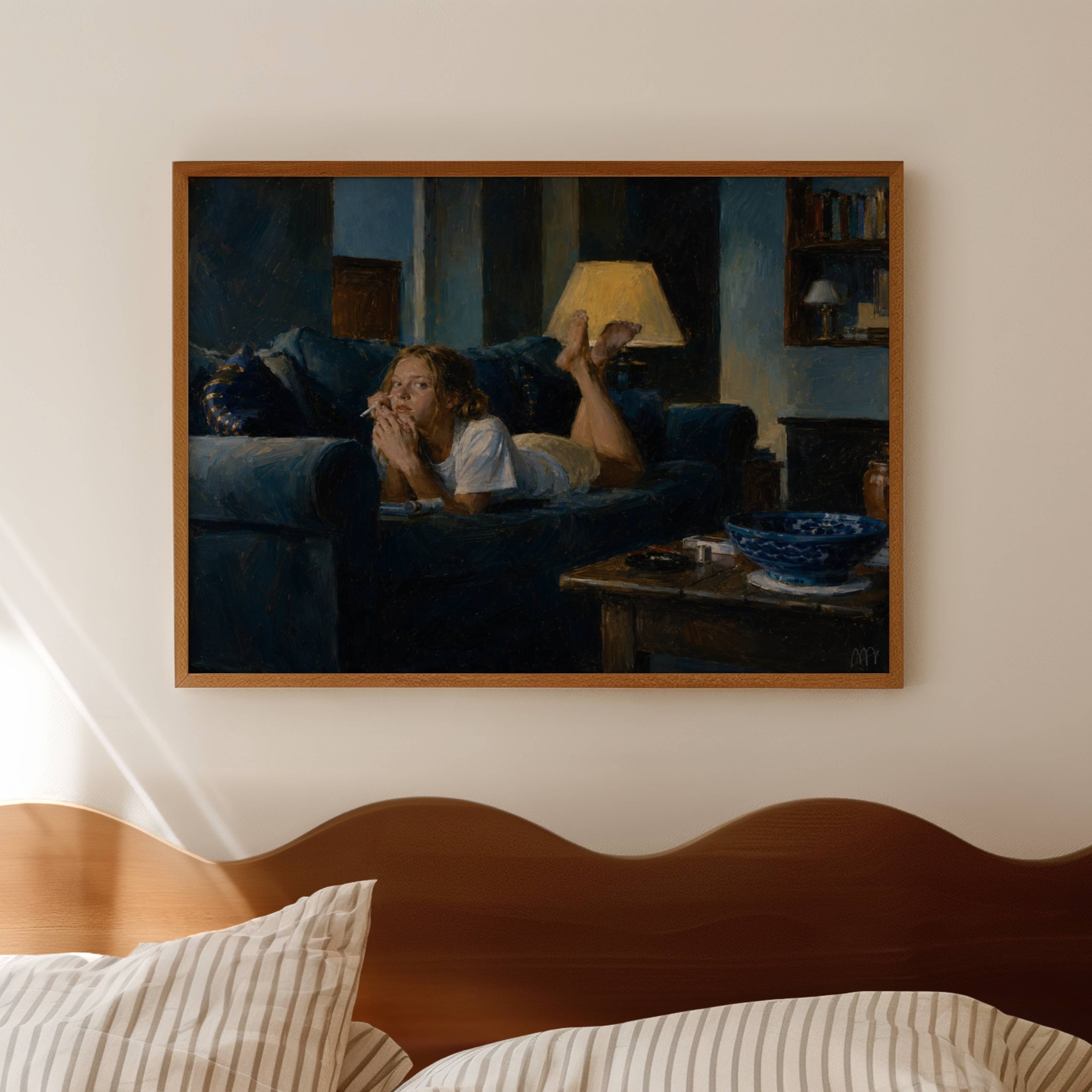 a perfectly good excuse is a hand painted retro nostalgic contemporary figurative wall art print of a woman smoking on a blue sofa, inspired by contemporary figurative painting, cinematic images, the melancholy beauty of old films, bringing storytelling, atmosphere and fashion. large textured canva oil painting wall art print