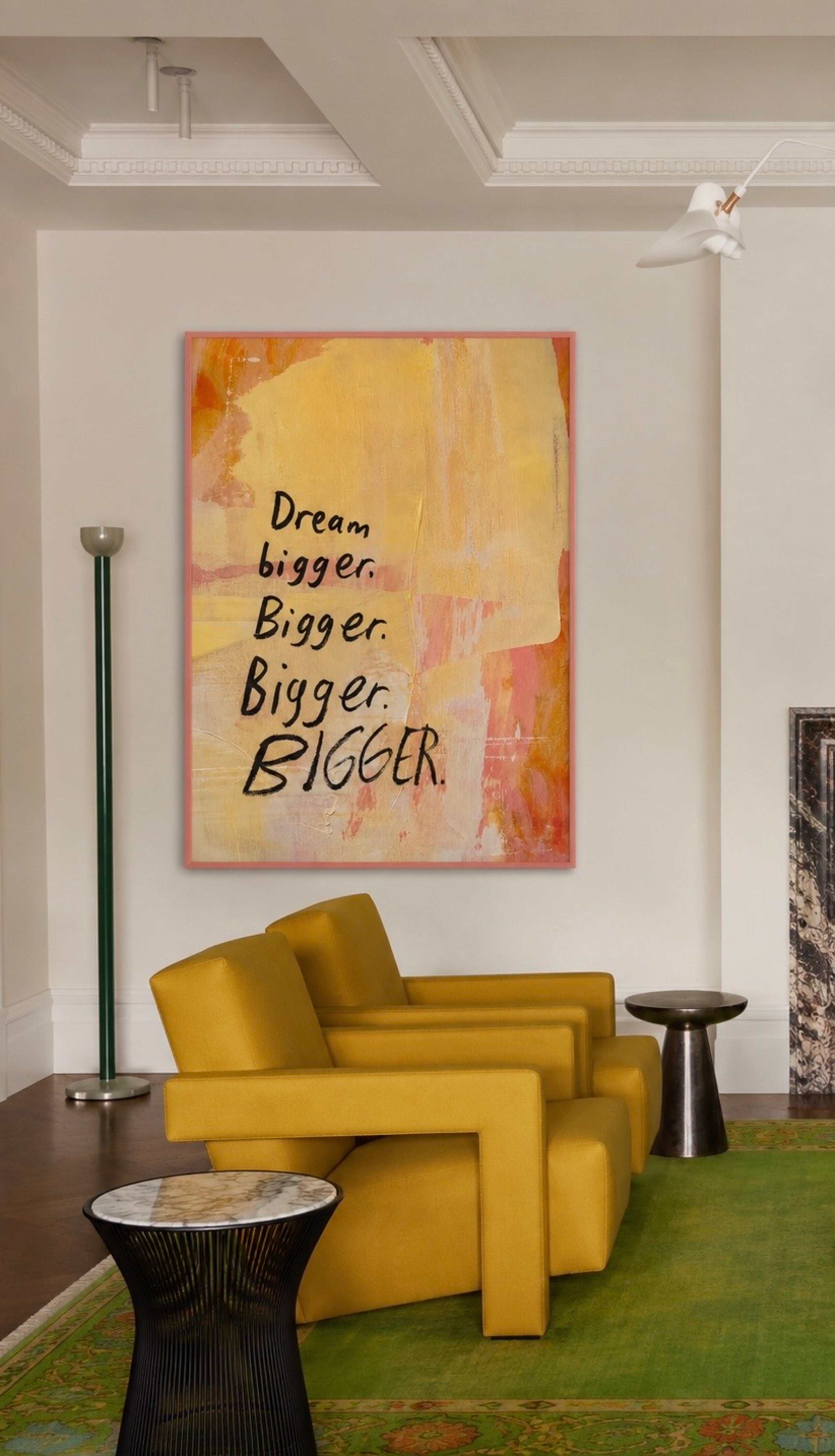 hand drawn Trendy typography abstract print with the motivational quote "DREAM BIGGER BIGGER BIGGER" in a textured abstract painted canva with brush strokes in pink and coral colors. This is a trendy minimal typography wall art print ideal for above bed, bedrooms, dorm room decor, living rooms and kitchens, gallery walls and playful interiors. The perfect Cool Girl Apartment decor
