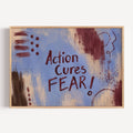 hand drawn Trendy typography abstract print with the motivational quote "ACTION CURES FEAR" in a textured abstract painted canva in blue and ruby colors. This is a trendy grafitti style typography wall art print ideal for above bed, bedrooms, dorm room decor, living rooms and kitchens, gallery walls and playful interiors. The perfect Cool Girl Apartment decor
