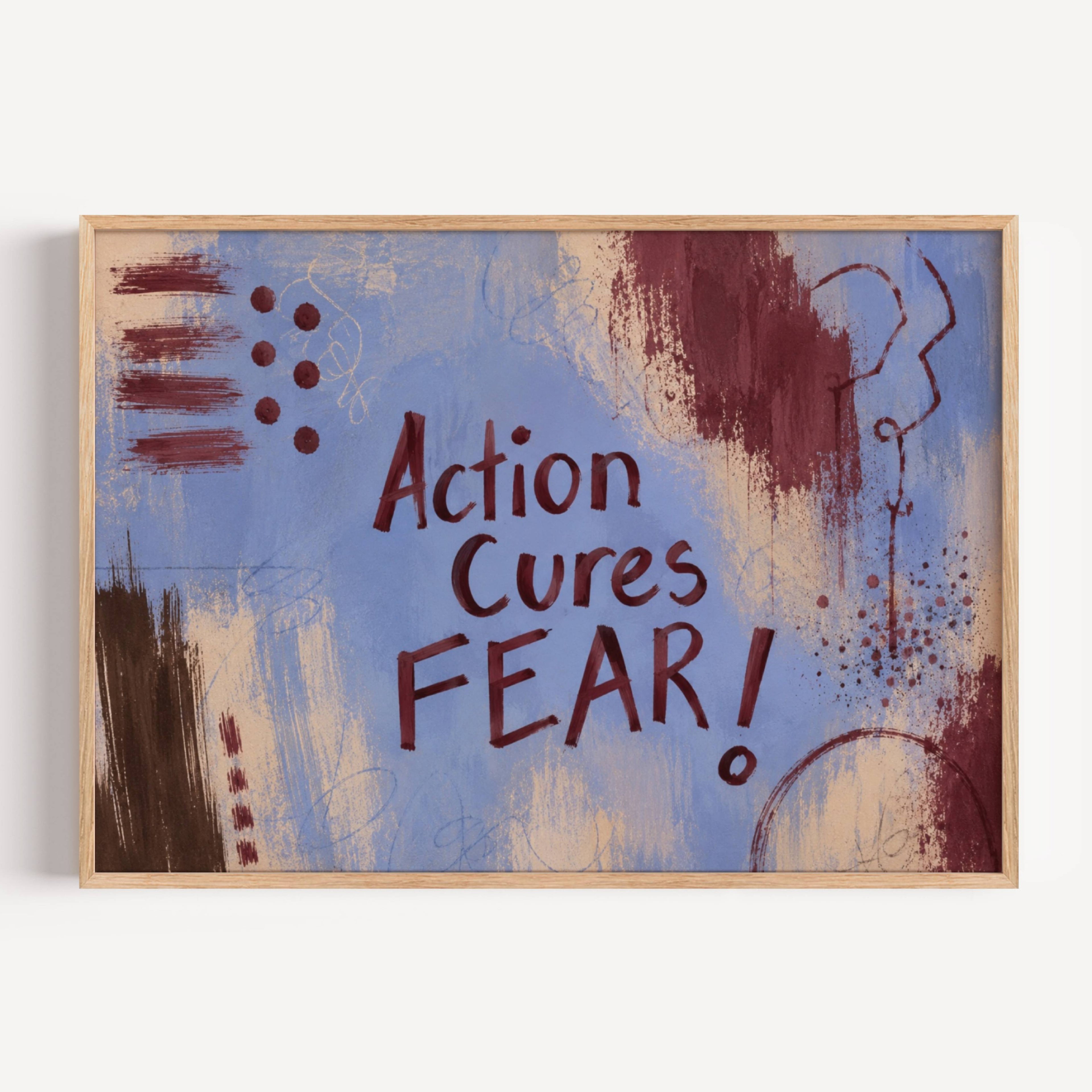 hand drawn Trendy typography abstract print with the motivational quote "ACTION CURES FEAR" in a textured abstract painted canva in blue and ruby colors. This is a trendy grafitti style typography wall art print ideal for above bed, bedrooms, dorm room decor, living rooms and kitchens, gallery walls and playful interiors. The perfect Cool Girl Apartment decor
