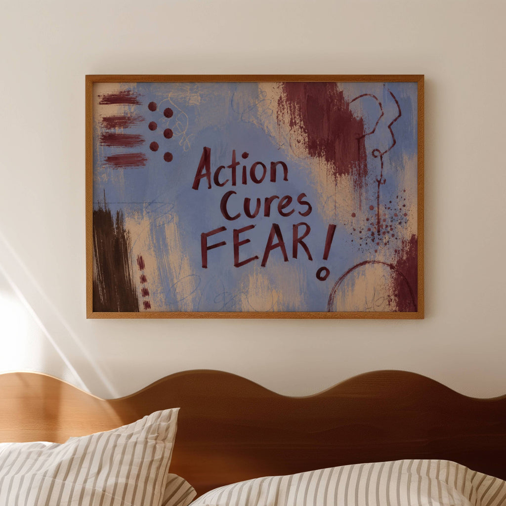 hand drawn Trendy typography abstract print with the motivational quote "ACTION CURES FEAR" in a textured abstract painted canva in blue and ruby colors. This is a trendy grafitti style typography wall art print ideal for above bed, bedrooms, dorm room decor, living rooms and kitchens, gallery walls and playful interiors. The perfect Cool Girl Apartment decor