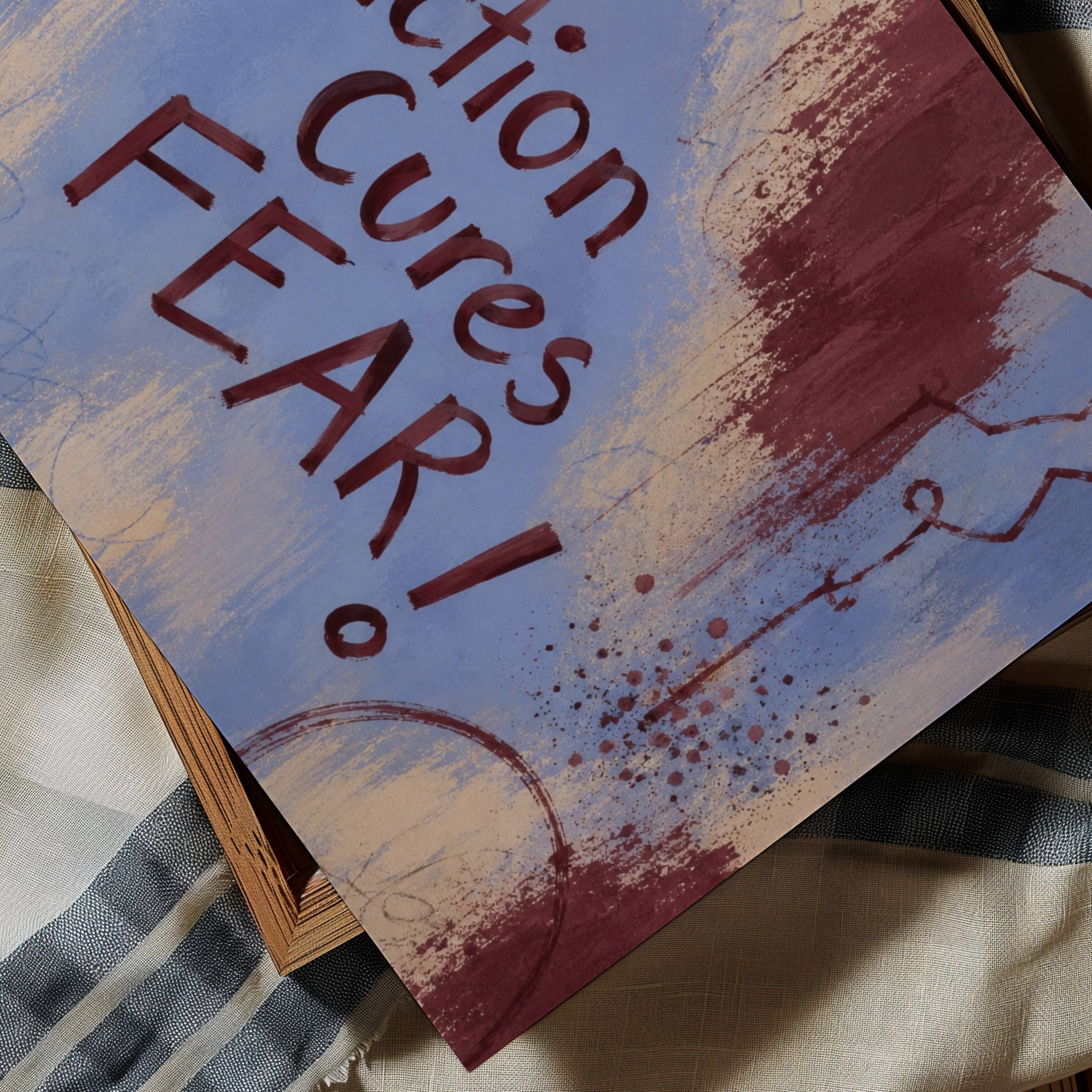 hand drawn Trendy typography abstract print with the motivational quote "ACTION CURES FEAR" in a textured abstract painted canva in blue and ruby colors. This is a trendy grafitti style typography wall art print ideal for above bed, bedrooms, dorm room decor, living rooms and kitchens, gallery walls and playful interiors. The perfect Cool Girl Apartment decor