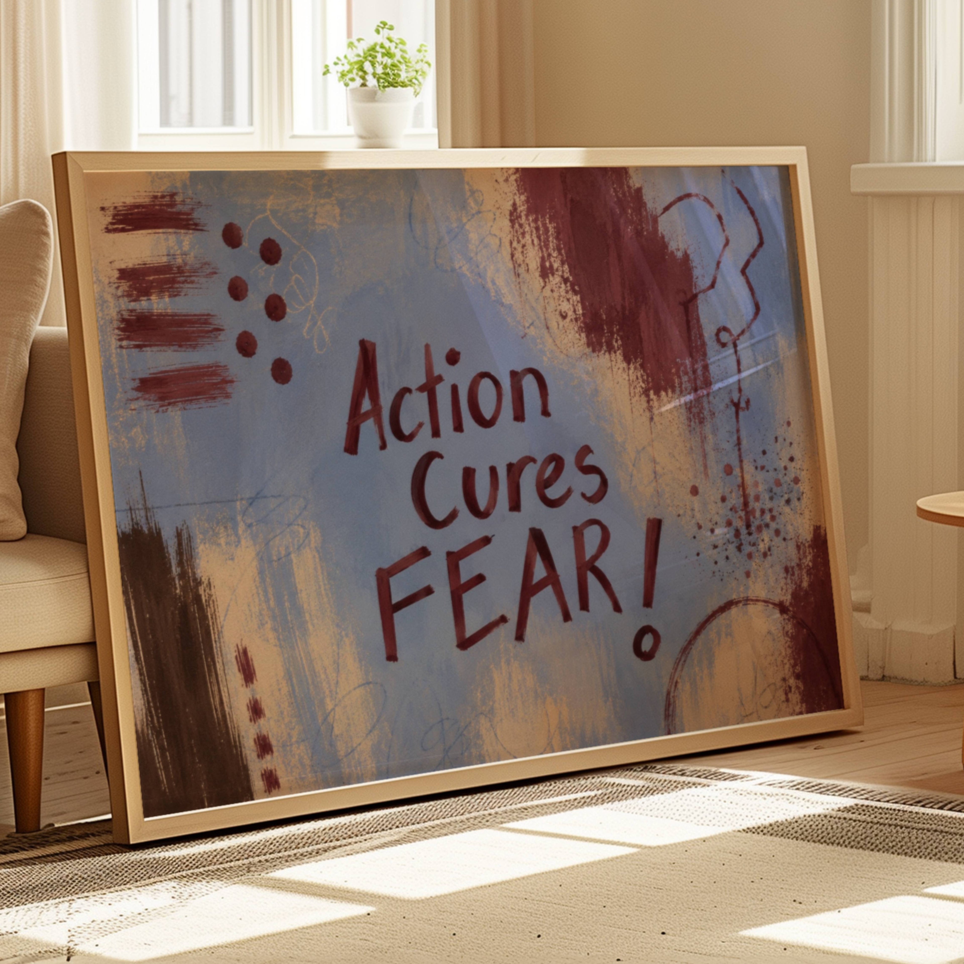 hand drawn Trendy typography abstract print with the motivational quote "ACTION CURES FEAR" in a textured abstract painted canva in blue and ruby colors. This is a trendy grafitti style typography wall art print ideal for above bed, bedrooms, dorm room decor, living rooms and kitchens, gallery walls and playful interiors. The perfect Cool Girl Apartment decor