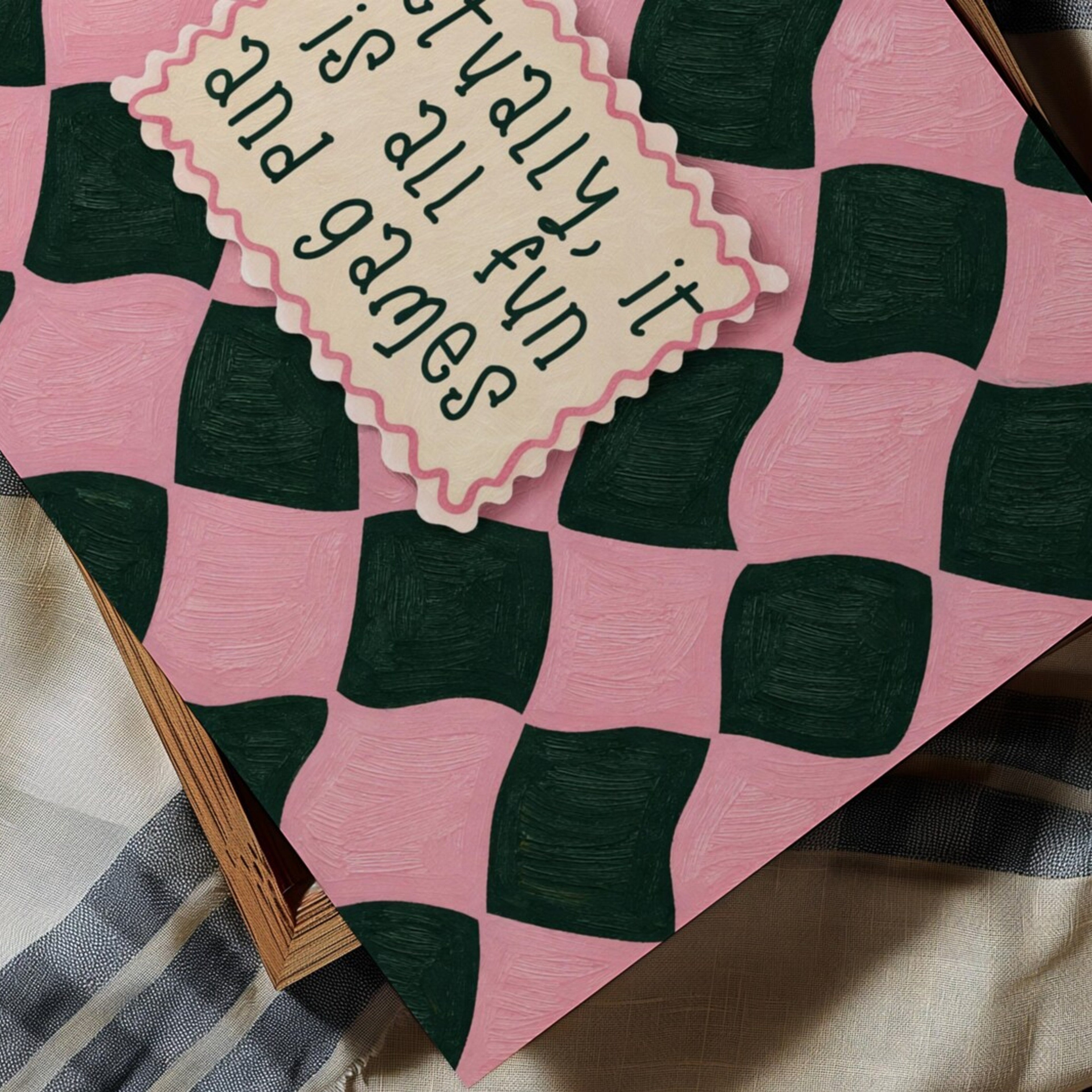 hand drawn Playful typography print with the phrase "actually its all fun and games" in a retro checkered pink and green, on textured oil painting canva. This is a hand drawn trendy funny typography wall art print ideal for above bed, bedrooms, dorm room decor, living rooms and kitchens, gallery walls and playful interiors.