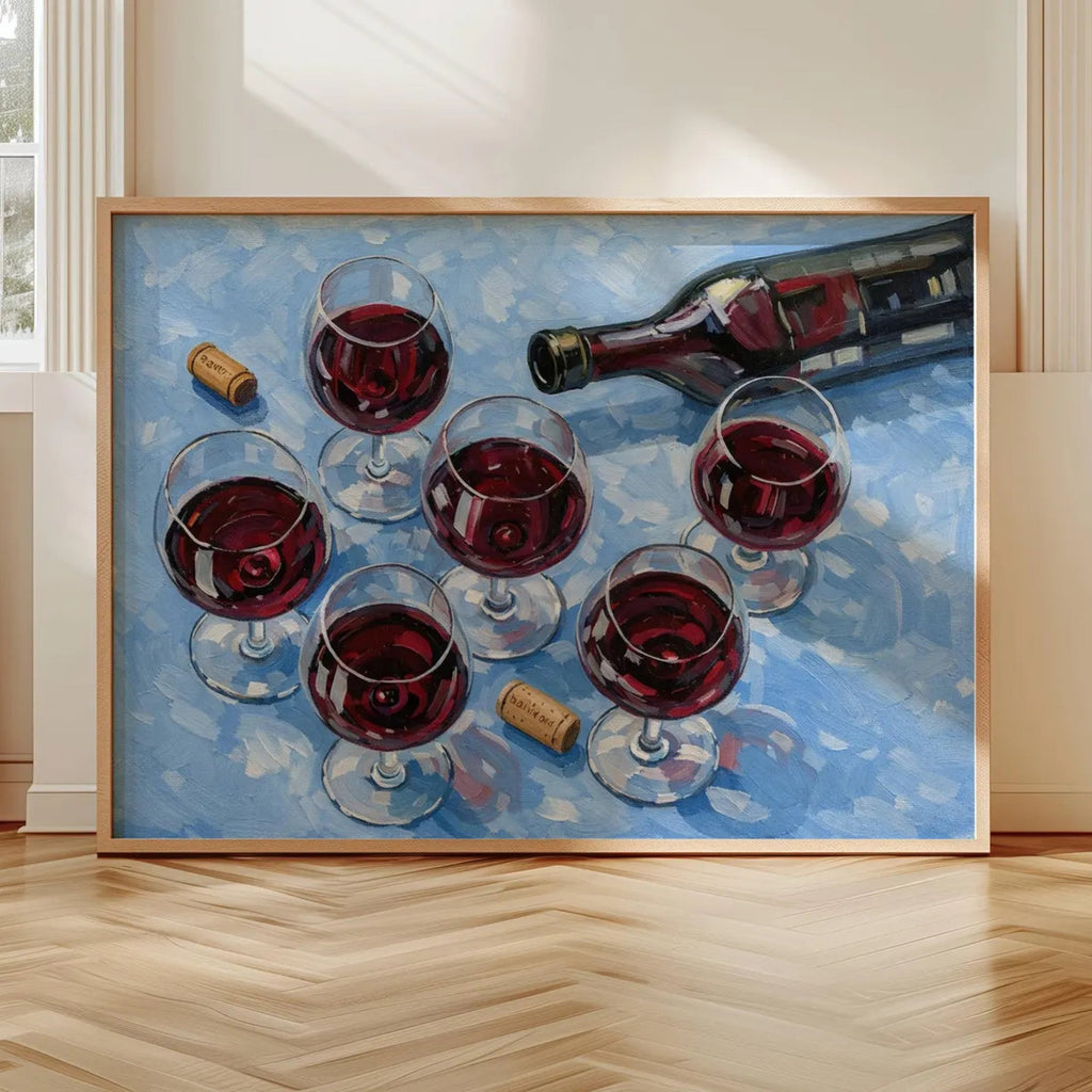 After Hours Wine still life hand painted Kitchen wall art with wine glasses and wine bottle illustrations with expressive painterly texture on a blue background. This is a hand drawn typography kitchen and bar cart art Print decor for kitchens, dining spaces and eclectic interiors.