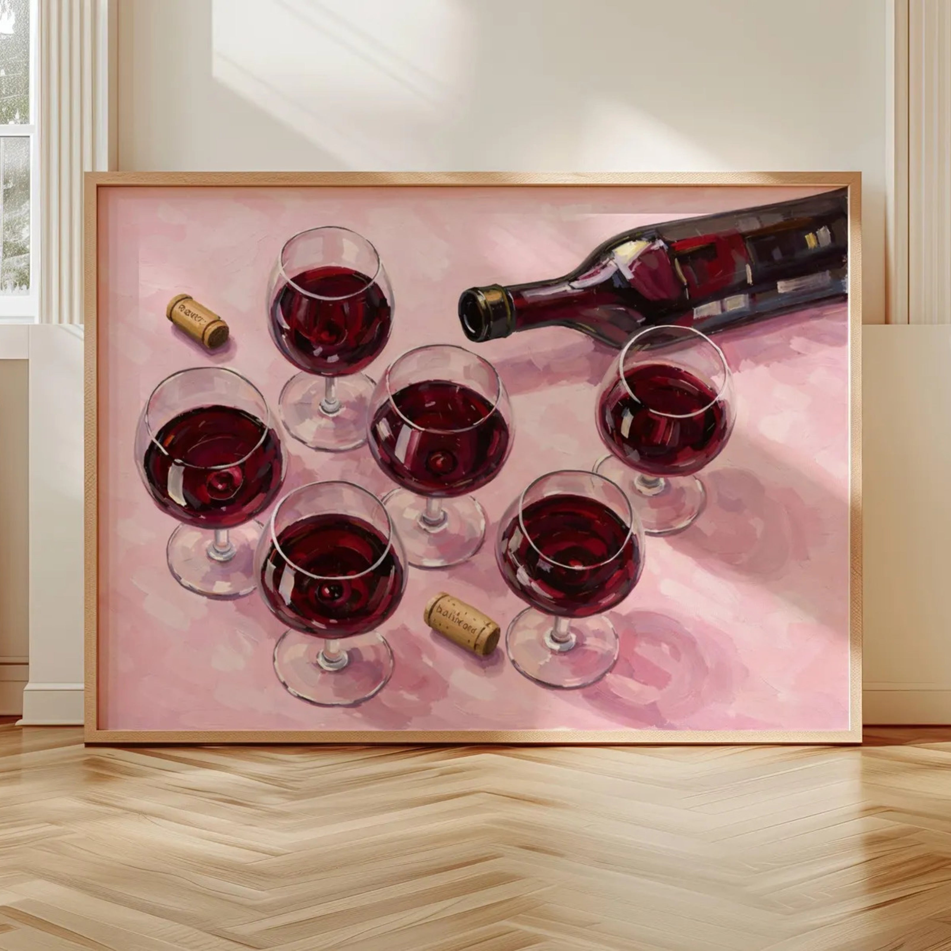 After Hours Wine still life hand painted Kitchen wall art with wine glasses and wine bottle illustrations with expressive painterly texture on a pink background. This is a hand drawn typography kitchen and bar cart art Print decor for kitchens, dining spaces and eclectic interiors.