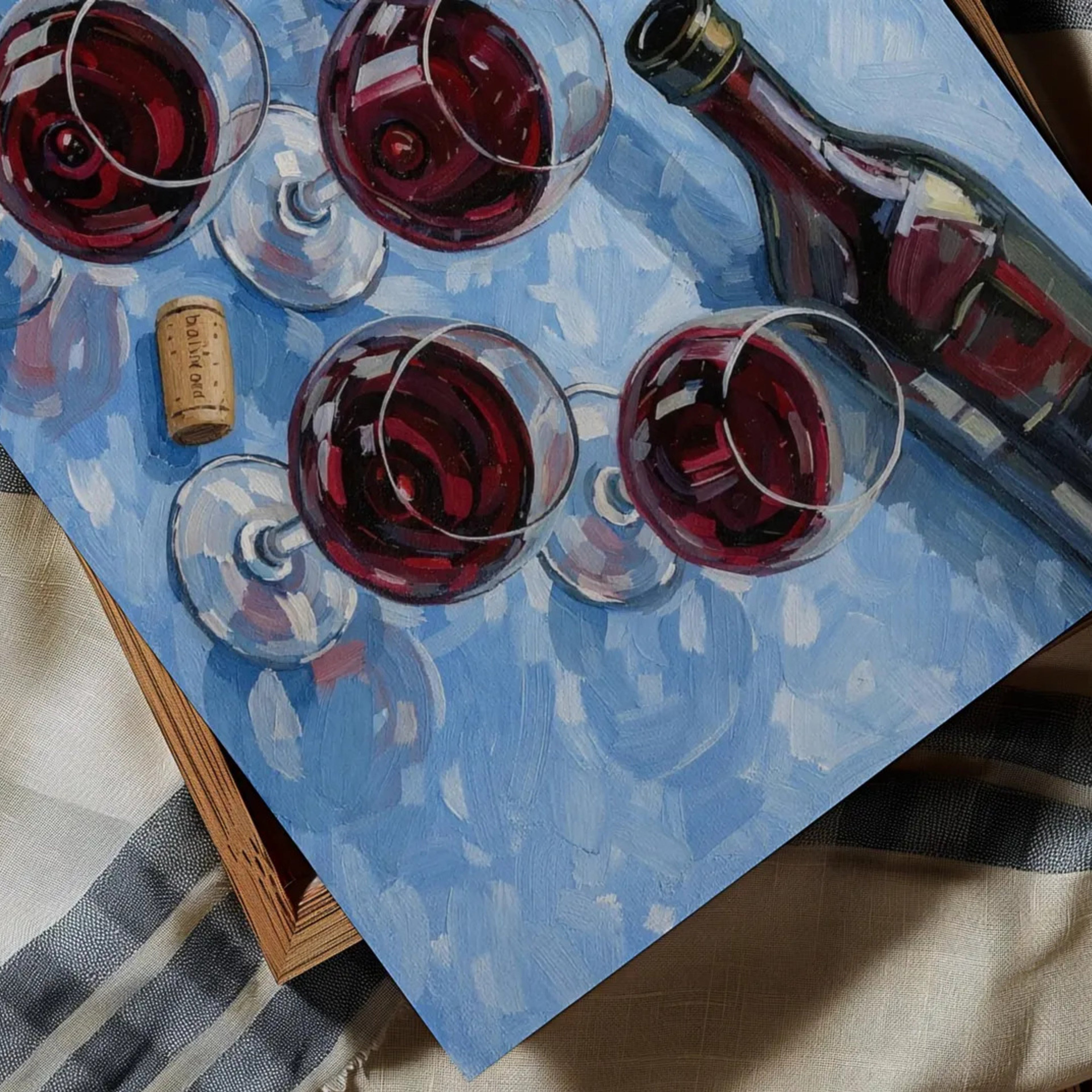 After Hours Wine still life hand painted Kitchen wall art with wine glasses and wine bottle illustrations with expressive painterly texture on a blue background. This is a hand drawn typography kitchen and bar cart art Print decor for kitchens, dining spaces and eclectic interiors.