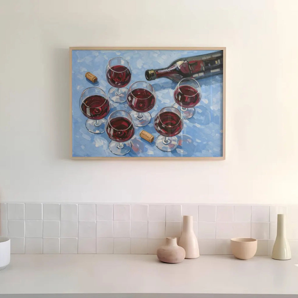 After Hours Wine still life hand painted Kitchen wall art with wine glasses and wine bottle illustrations with expressive painterly texture on a blue background. This is a hand drawn typography kitchen and bar cart art Print decor for kitchens, dining spaces and eclectic interiors.
