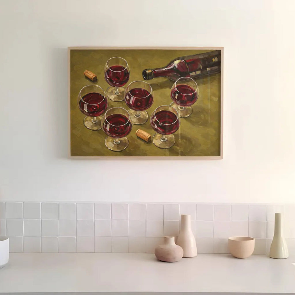 After Hours Wine still life hand painted Kitchen wall art with wine glasses and wine bottle illustrations with expressive painterly texture on a khaki background. This is a hand drawn typography kitchen and bar cart art Print decor for kitchens, dining spaces and eclectic interiors.