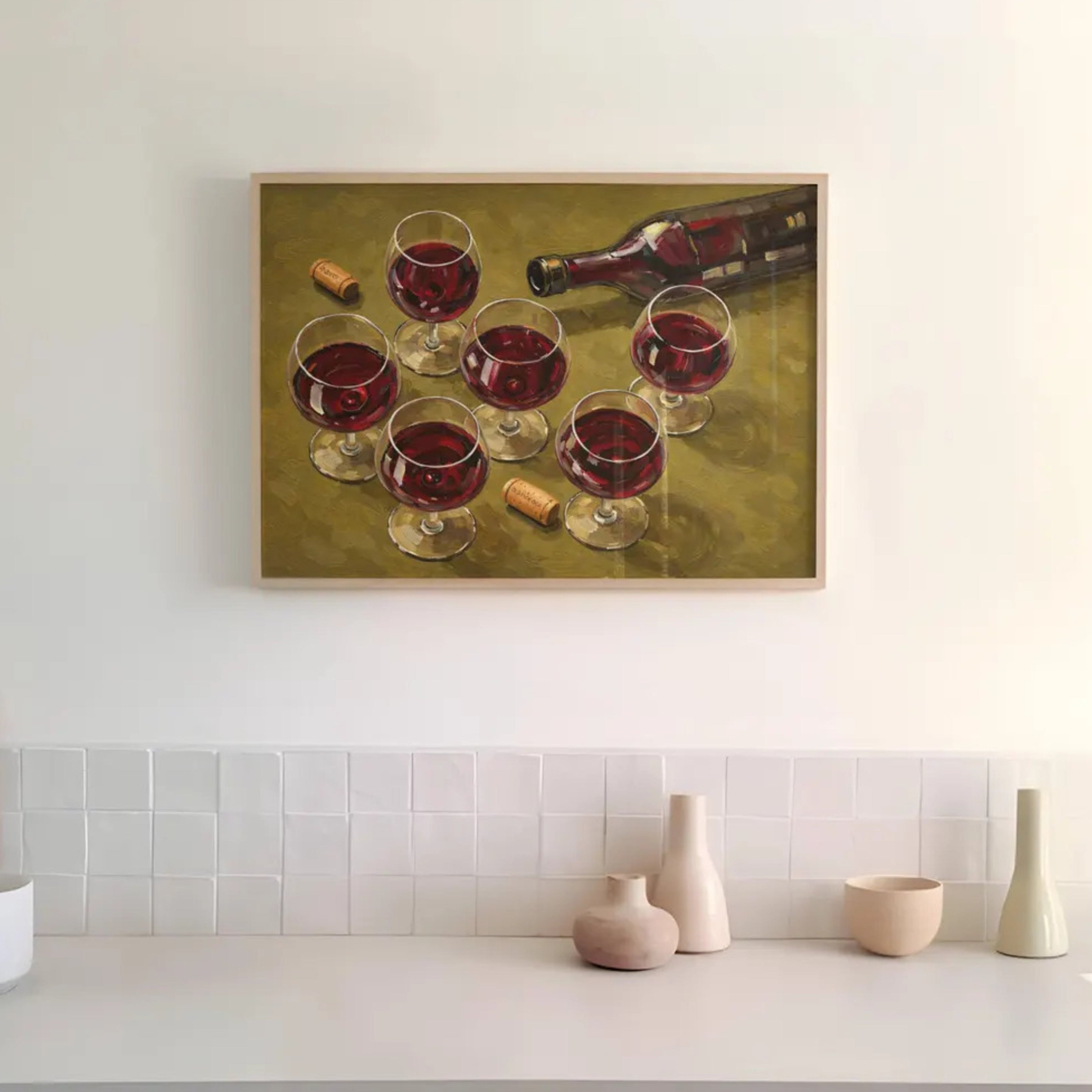 After Hours Wine still life hand painted Kitchen wall art with wine glasses and wine bottle illustrations with expressive painterly texture on a khaki background. This is a hand drawn typography kitchen and bar cart art Print decor for kitchens, dining spaces and eclectic interiors.
