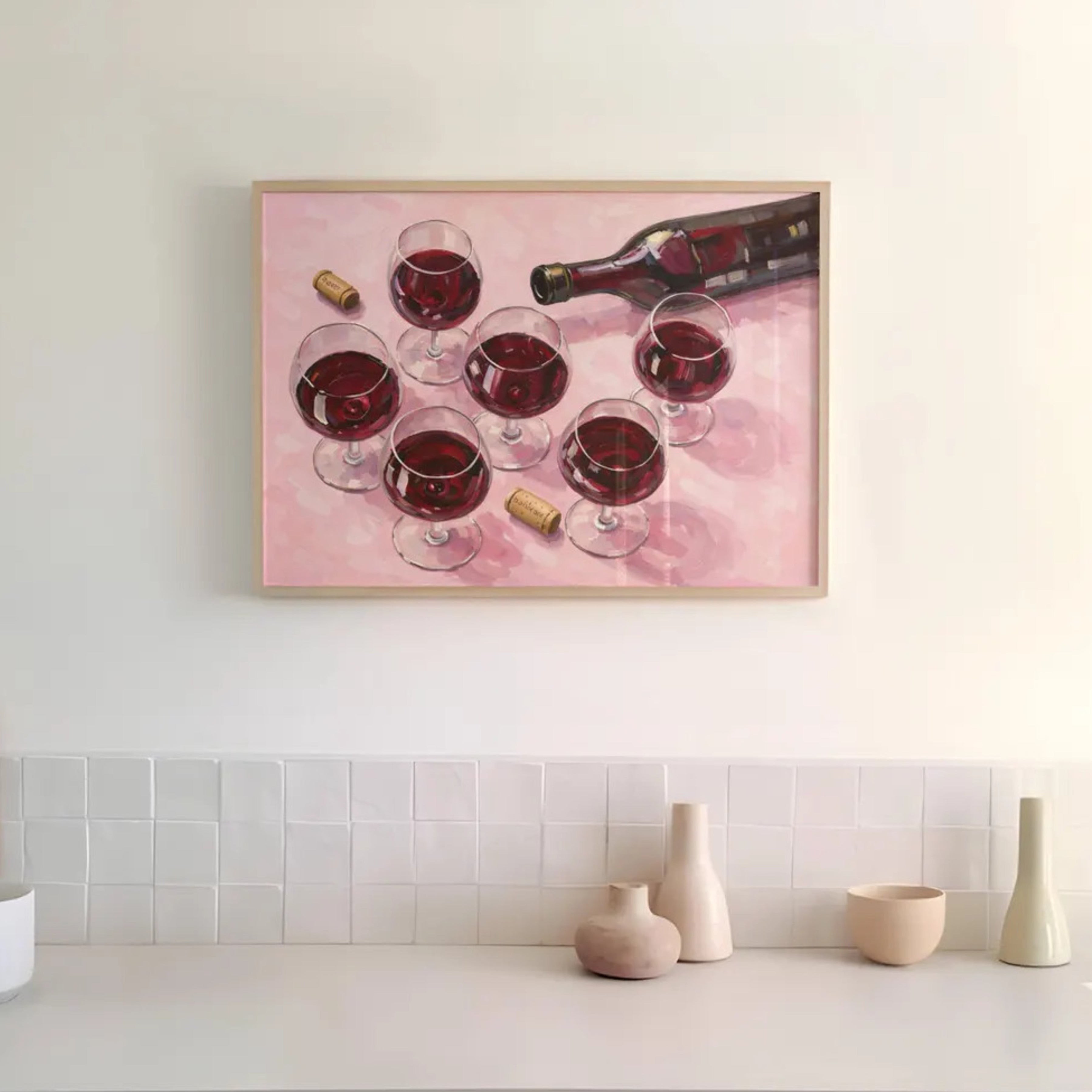 After Hours Wine still life hand painted Kitchen wall art with wine glasses and wine bottle illustrations with expressive painterly texture on a pink background. This is a hand drawn typography kitchen and bar cart art Print decor for kitchens, dining spaces and eclectic interiors.