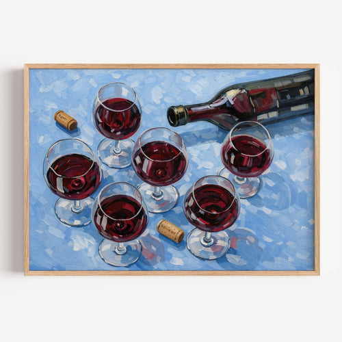 After Hours Wine still life hand painted Kitchen wall art with wine glasses and wine bottle illustrations with expressive painterly texture on a blue background. This is a hand drawn typography kitchen and bar cart art Print decor for kitchens, dining spaces and eclectic interiors.