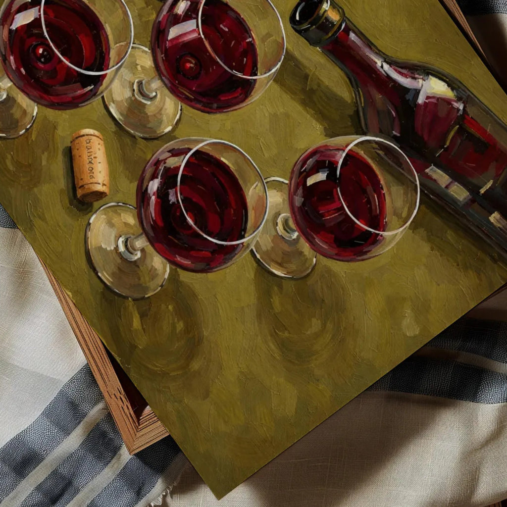 After Hours Wine still life hand painted Kitchen wall art with wine glasses and wine bottle illustrations with expressive painterly texture on a khaki background. This is a hand drawn typography kitchen and bar cart art Print decor for kitchens, dining spaces and eclectic interiors.