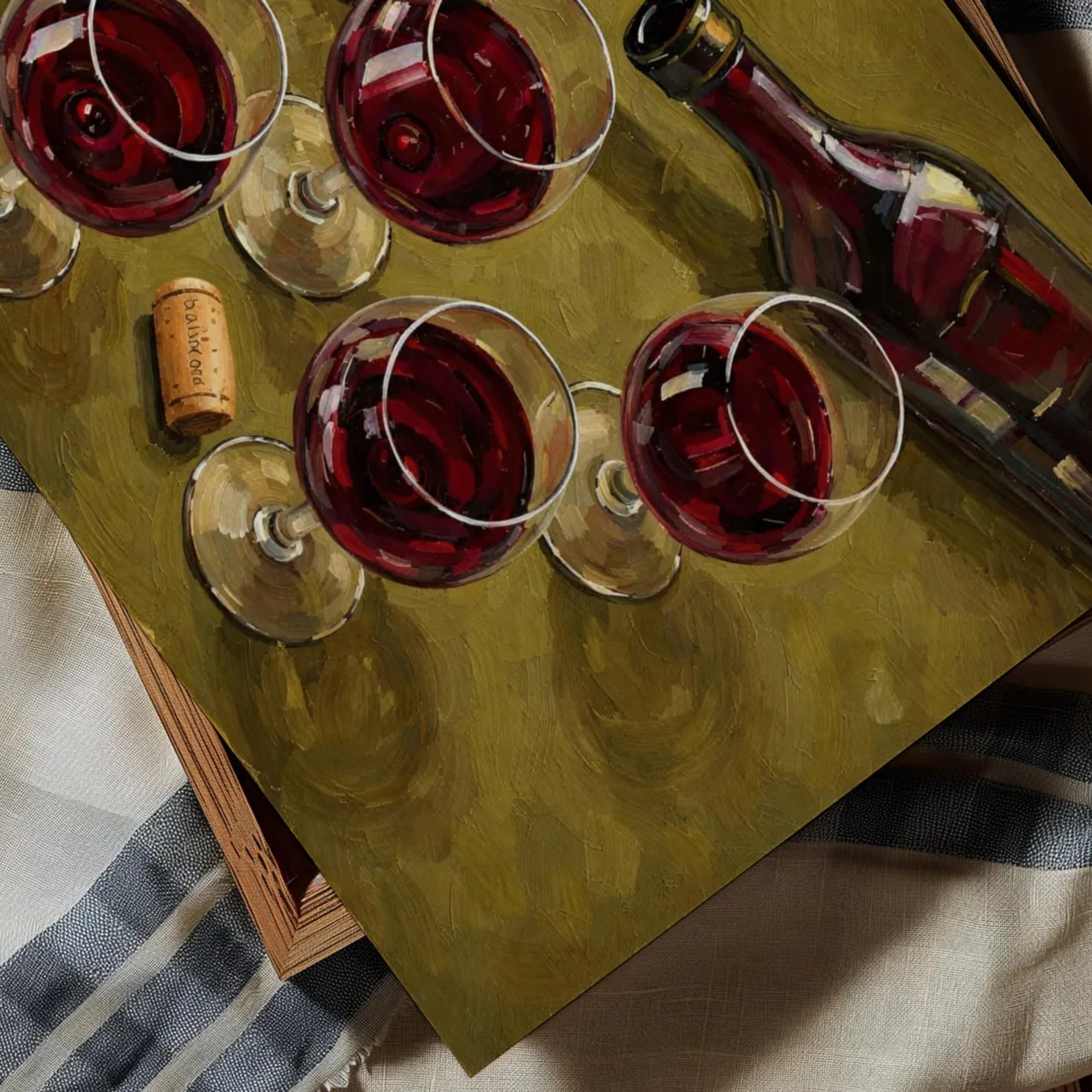 After Hours Wine still life hand painted Kitchen wall art with wine glasses and wine bottle illustrations with expressive painterly texture on a khaki background. This is a hand drawn typography kitchen and bar cart art Print decor for kitchens, dining spaces and eclectic interiors.