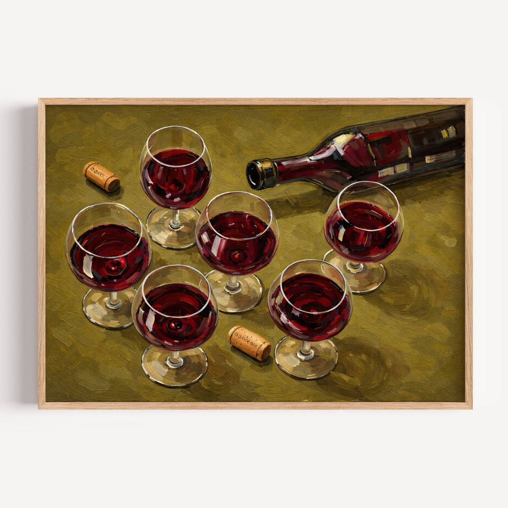 After Hours Wine still life hand painted Kitchen wall art with wine glasses and wine bottle illustrations with expressive painterly texture on a khaki background. This is a hand drawn typography kitchen and bar cart art Print decor for kitchens, dining spaces and eclectic interiors.