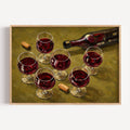 After Hours Wine still life hand painted Kitchen wall art with wine glasses and wine bottle illustrations with expressive painterly texture on a khaki background. This is a hand drawn typography kitchen and bar cart art Print decor for kitchens, dining spaces and eclectic interiors.