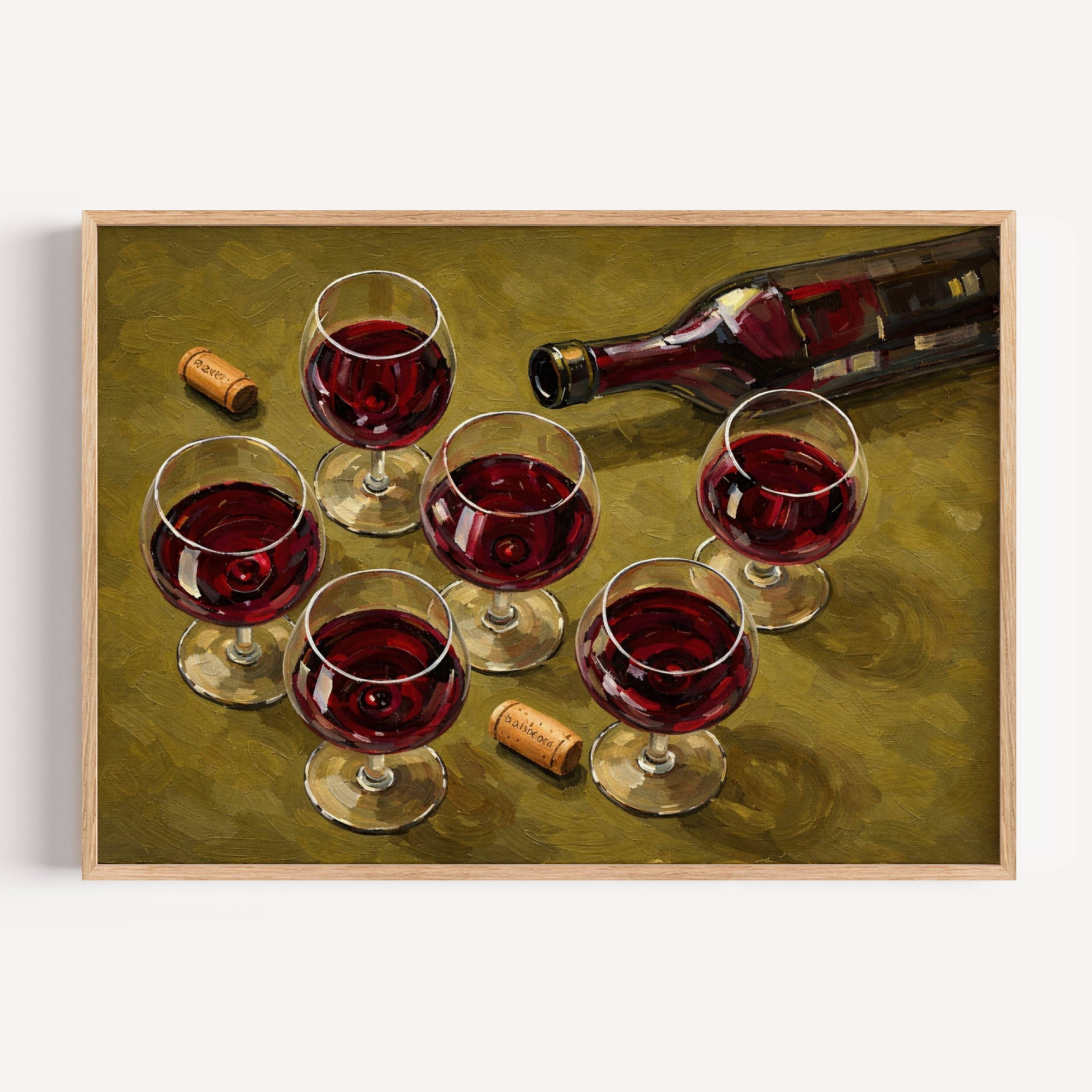 After Hours Wine still life hand painted Kitchen wall art with wine glasses and wine bottle illustrations with expressive painterly texture on a khaki background. This is a hand drawn typography kitchen and bar cart art Print decor for kitchens, dining spaces and eclectic interiors.
