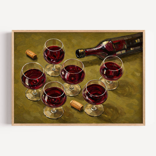 After Hours Wine still life hand painted Kitchen wall art with wine glasses and wine bottle illustrations with expressive painterly texture on a khaki background. This is a hand drawn typography kitchen and bar cart art Print decor for kitchens, dining spaces and eclectic interiors.