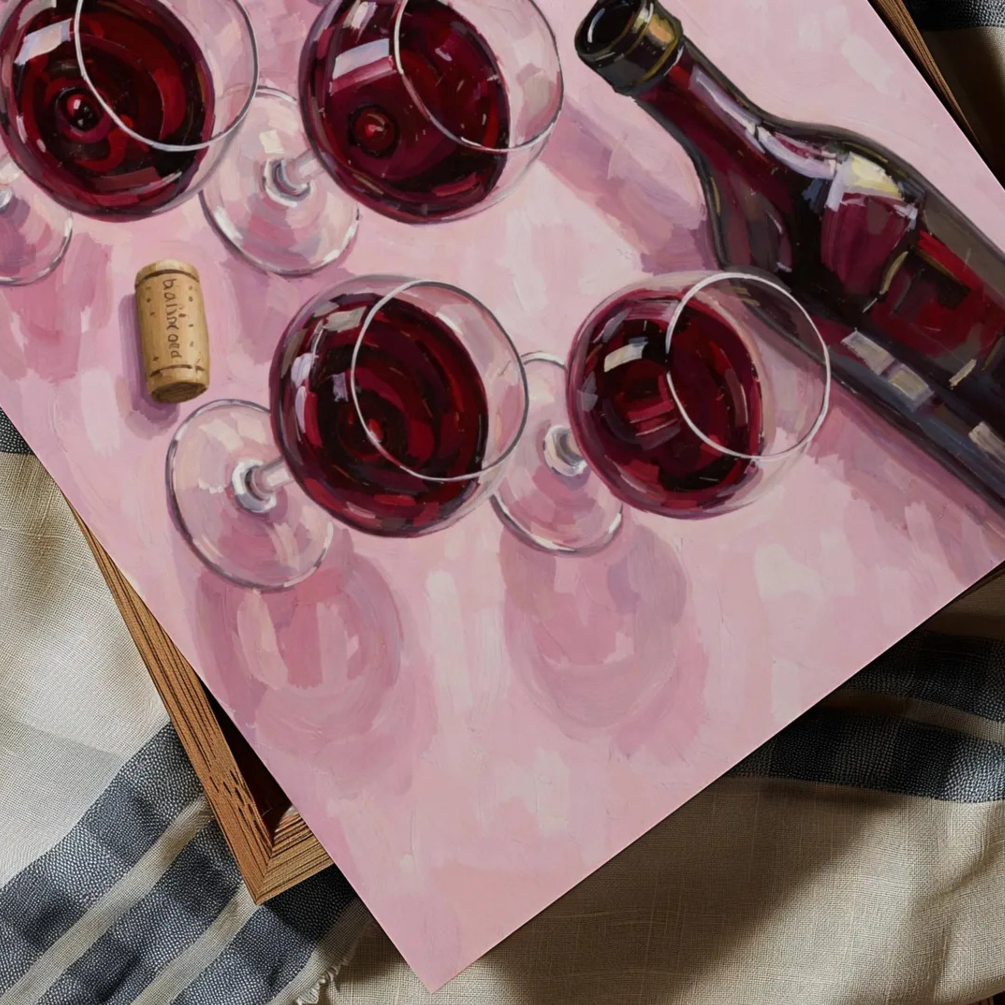 After Hours Wine still life hand painted Kitchen wall art with wine glasses and wine bottle illustrations with expressive painterly texture on a pink background. This is a hand drawn typography kitchen and bar cart art Print decor for kitchens, dining spaces and eclectic interiors.